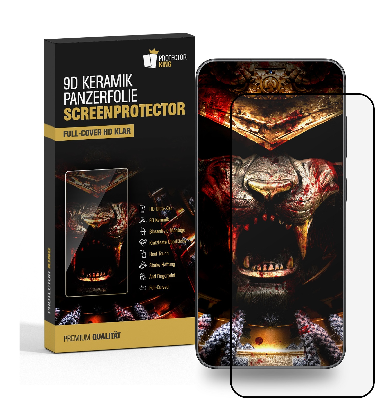 Ein Telefon mit Displayschutzfolie neben einer Box. Der Bildschirm zeigt ein blutiges Löwengesicht. Die Box sagt 'Protector King'.