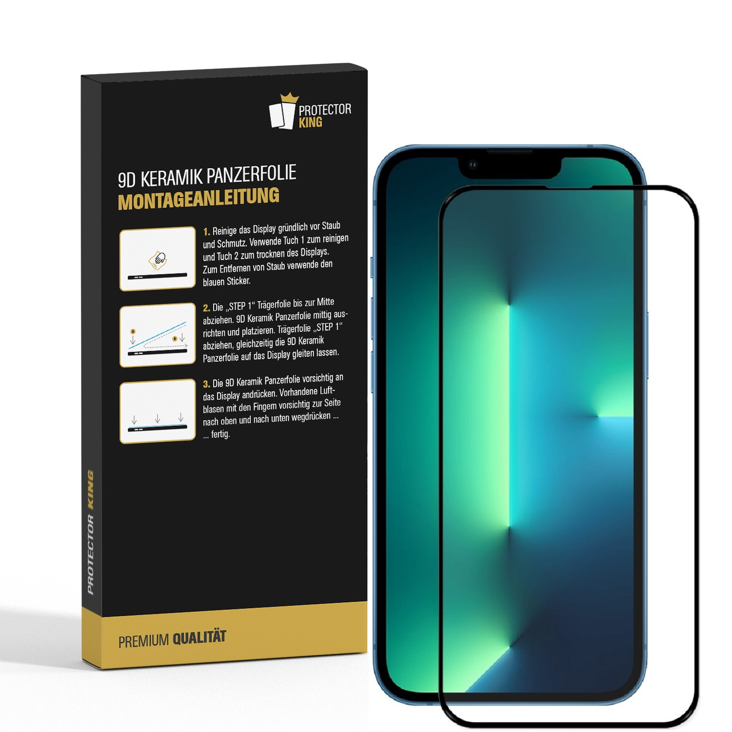 Eine Handy-Displayschutzfolie mit Anleitung und einem Telefon. Der Schutz ist schwarz, das Telefon blau.