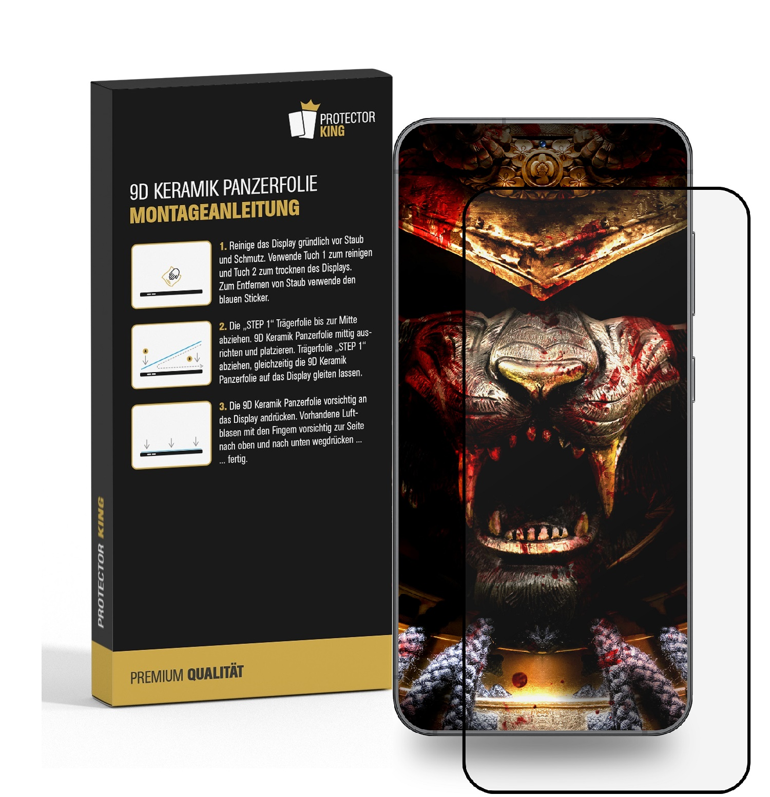 Ein Handy mit Displayschutzfolie über einem blutigen Monsterbild, neben einer Box mit Anweisungen.