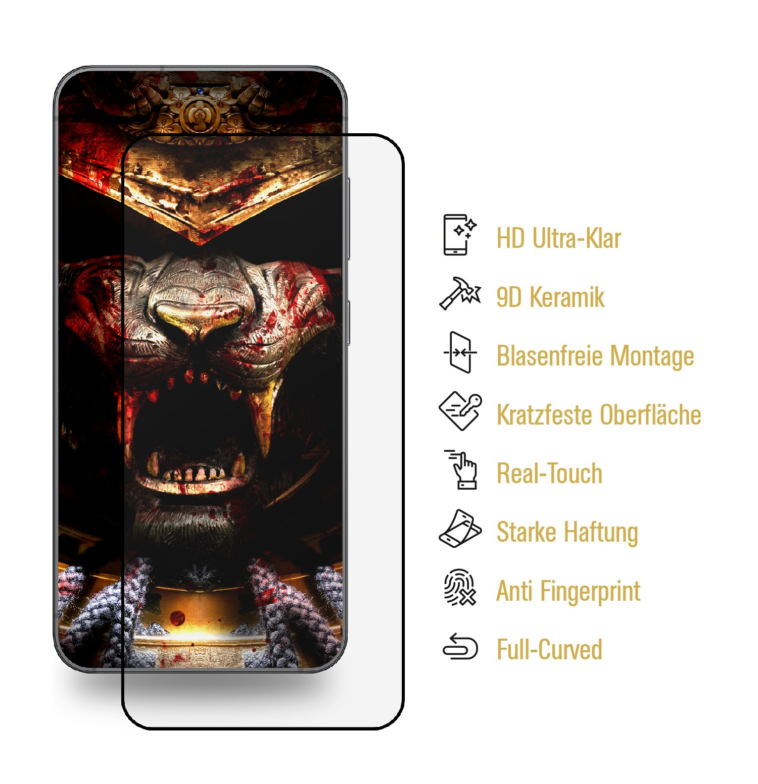 Ein Displayschutz mit einem Monstergesicht und Blutdetails. Merkmale sind HD, 9D Keramik und Anti-Fingerprint.