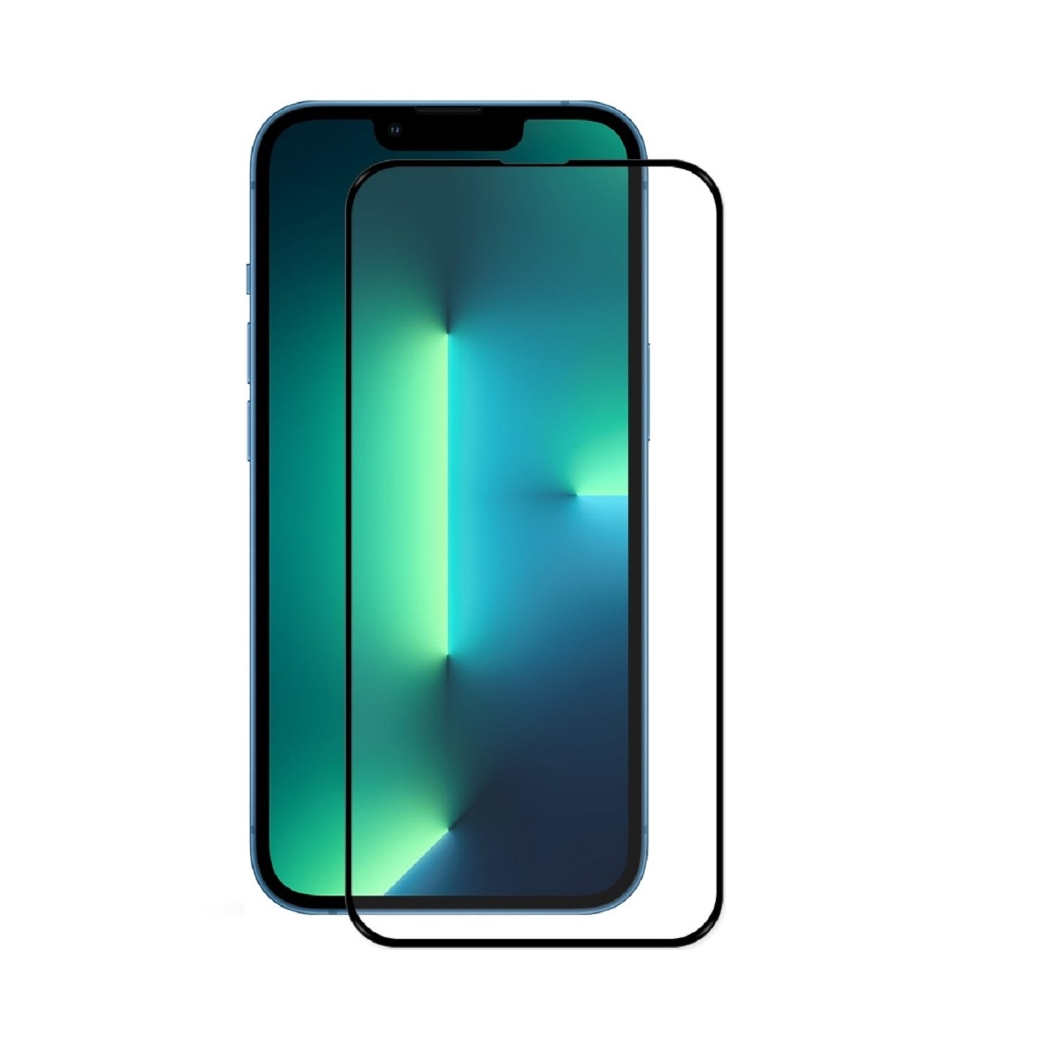 Ein blaues iPhone mit Displayschutzfolie. Das Telefon hat einen blau-grünen Farbverlauf, einen schwarzen Rahmen und eine schwarze Schutzfolie.