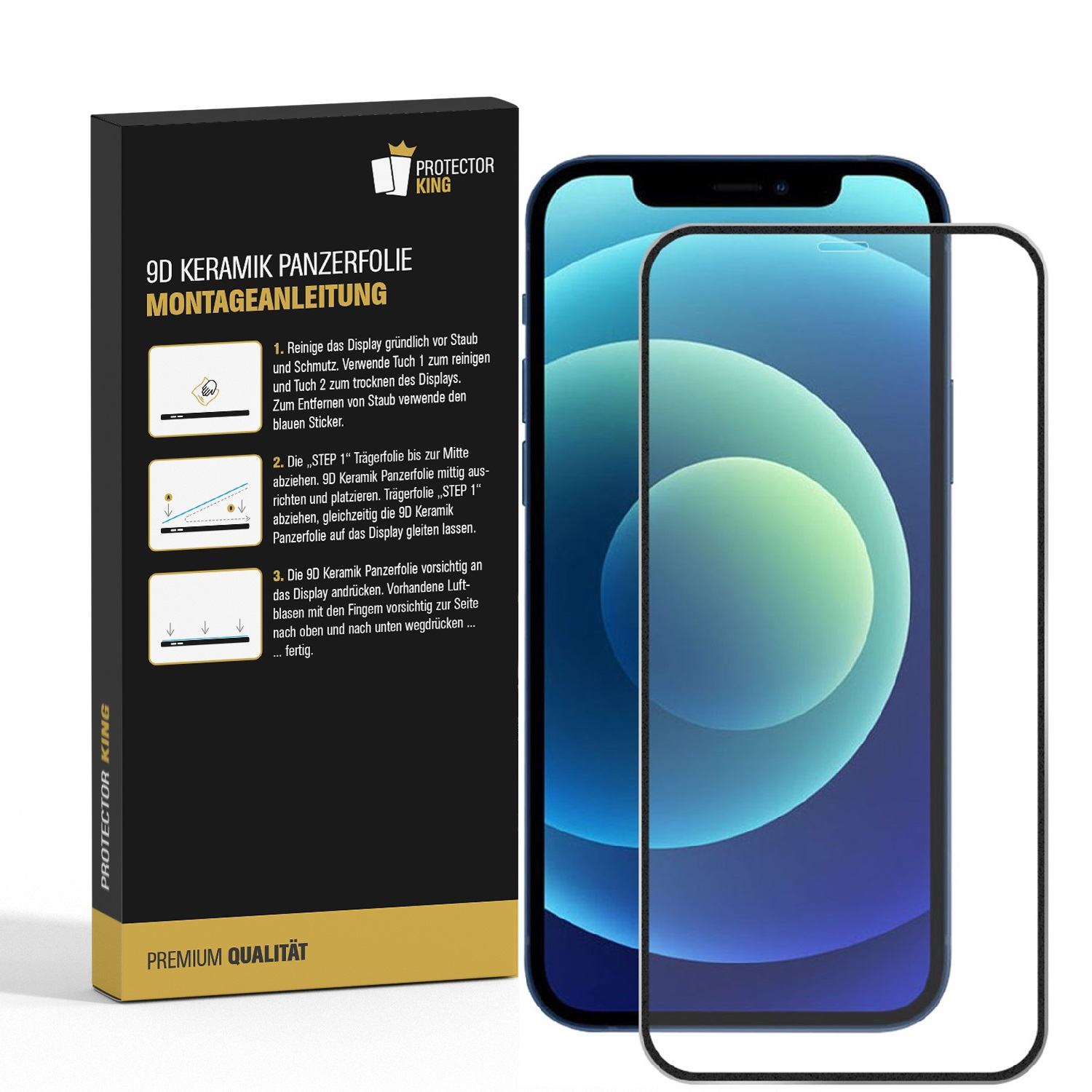 Ein Telefon mit Displayschutzfolie und eine Schachtel mit Anweisungen. Die Schachtel hat den Markennamen und Produktinfo.
