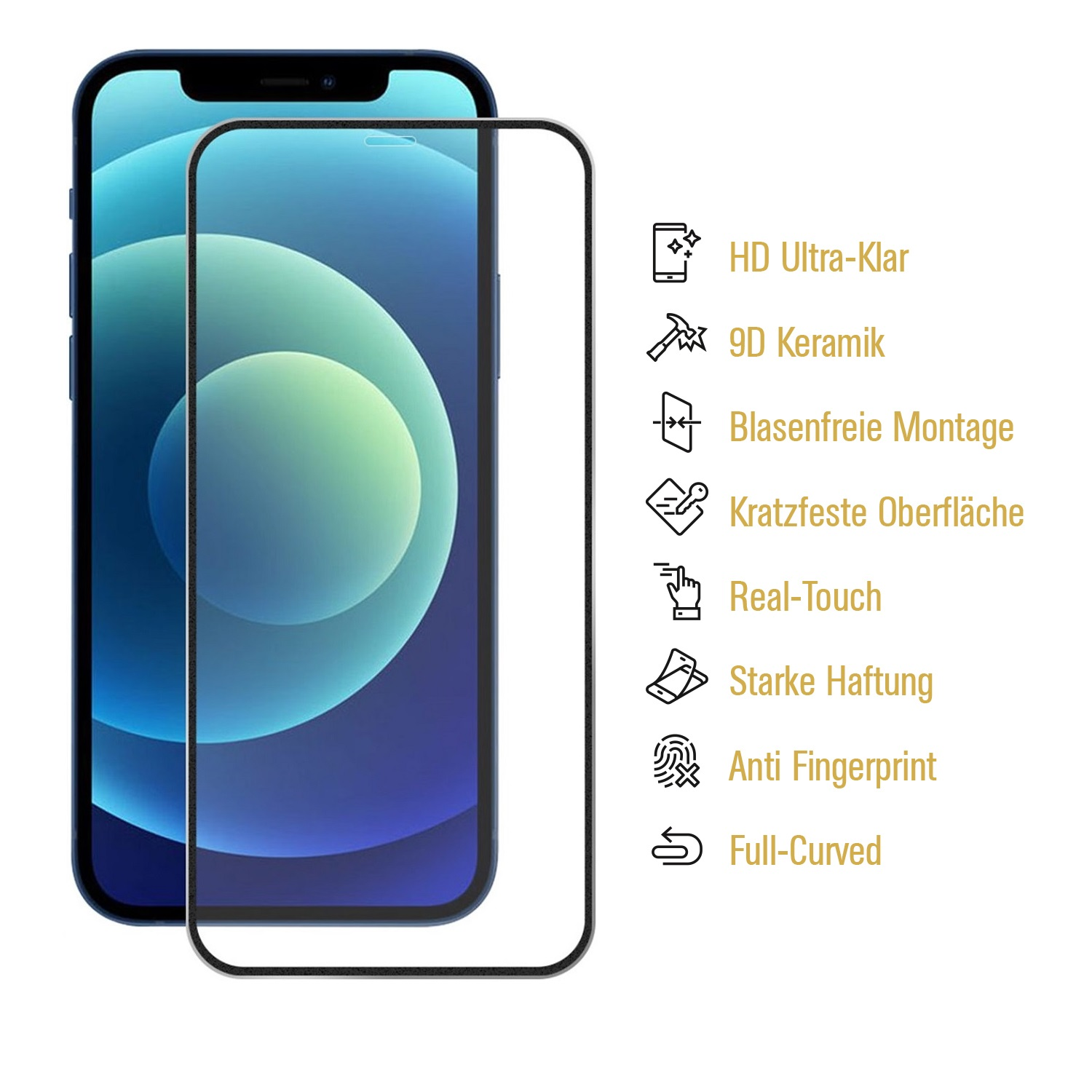 Ein Telefon mit Displayschutzfolie wird gezeigt. Merkmale: HD Ultra-Klar, 9D Keramik, Blasenfrei, Kratzfest, Real-Touch, Starke Haftung, Anti-Fingerprint.