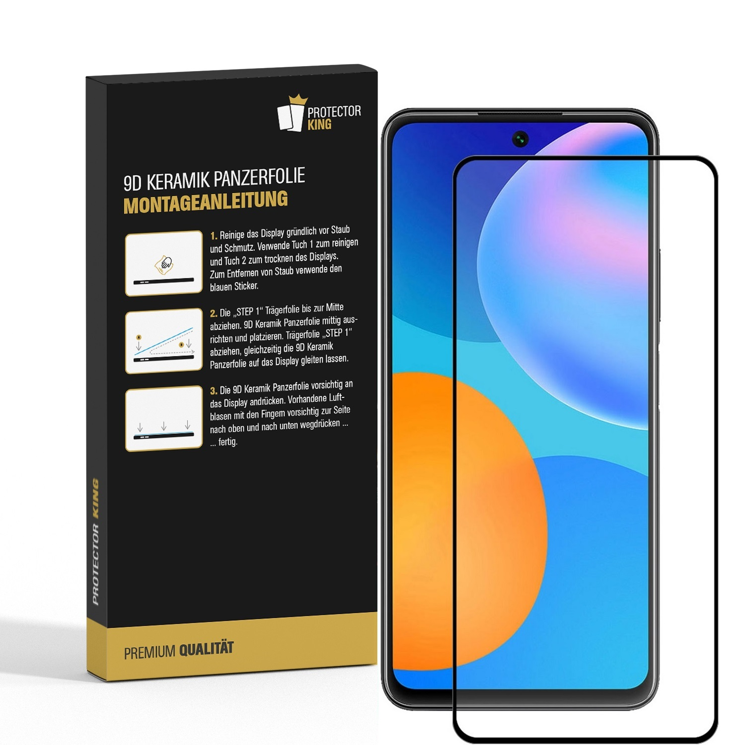 Ein Telefonbildschirm mit einer Displayschutzfolie neben einer Box mit Anweisungen. Die Box hat Text auf Deutsch und ein Logo.