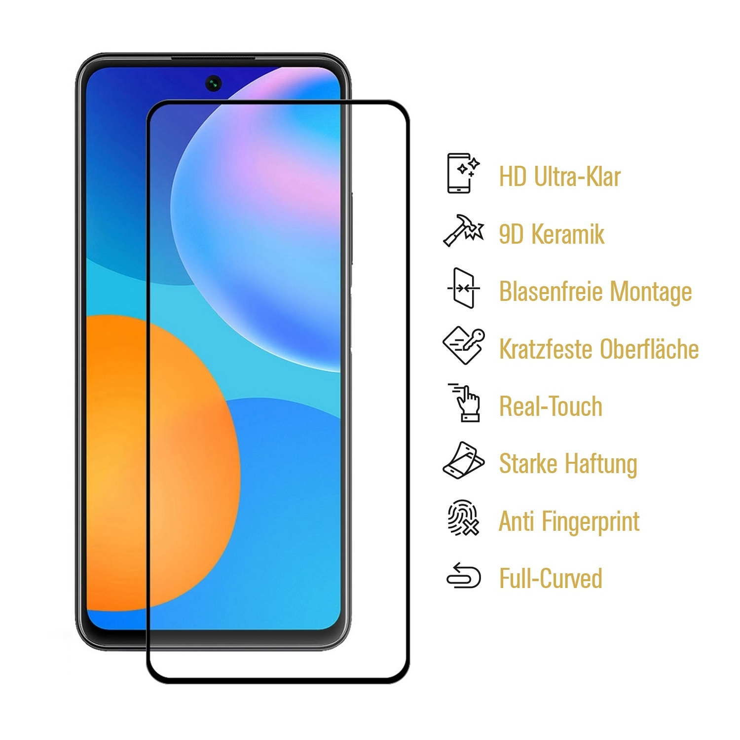 Ein Smartphone mit angebrachtem Displayschutz. Text beschreibt Funktionen wie HD-Klarheit, Keramik und Anti-Fingerabdruck.
