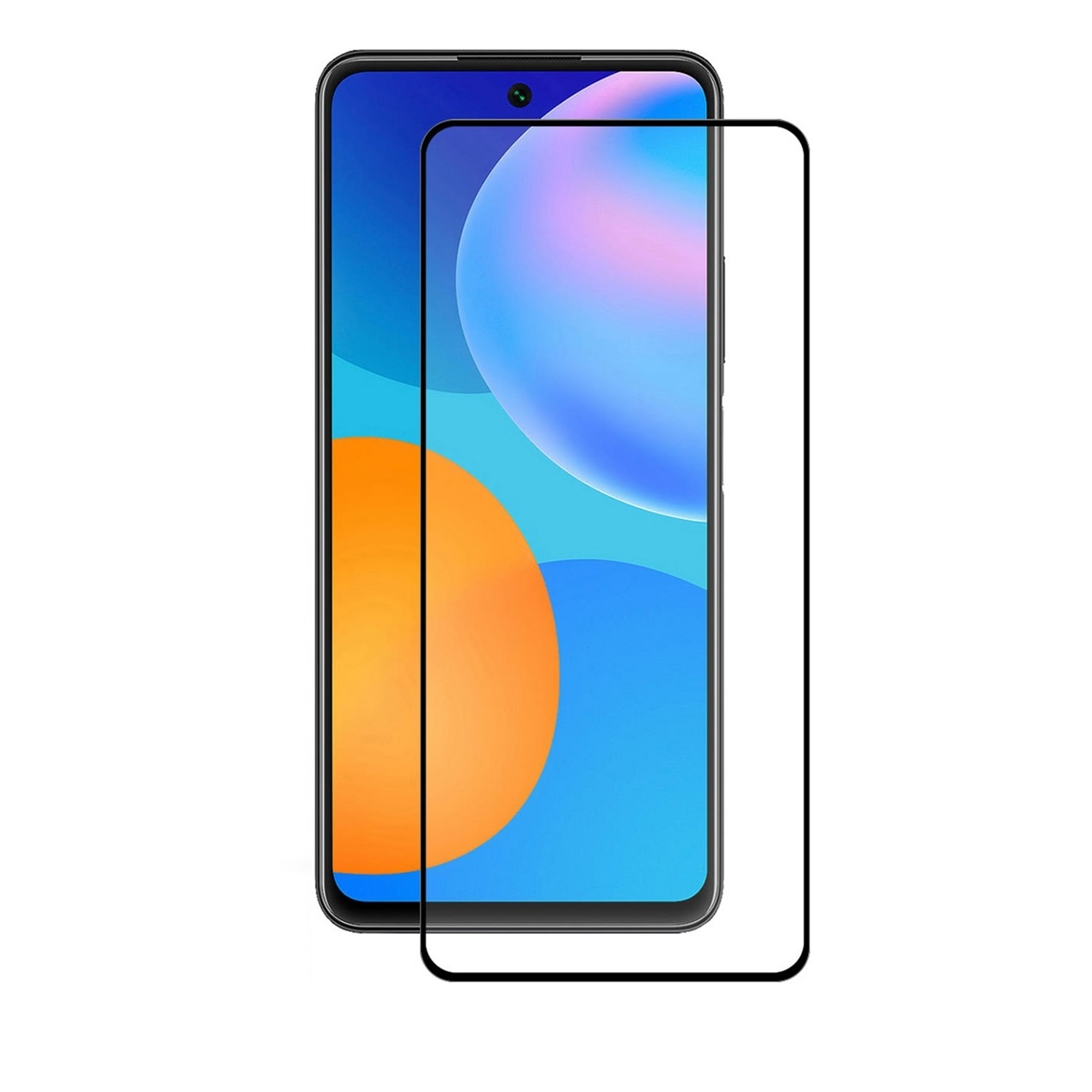 Ein Smartphone mit Displayschutzfolie. Der Bildschirm zeigt zwei große, farbenfrohe Kugeln: eine blaue und eine orangefarbene, auf blauem Hintergrund.