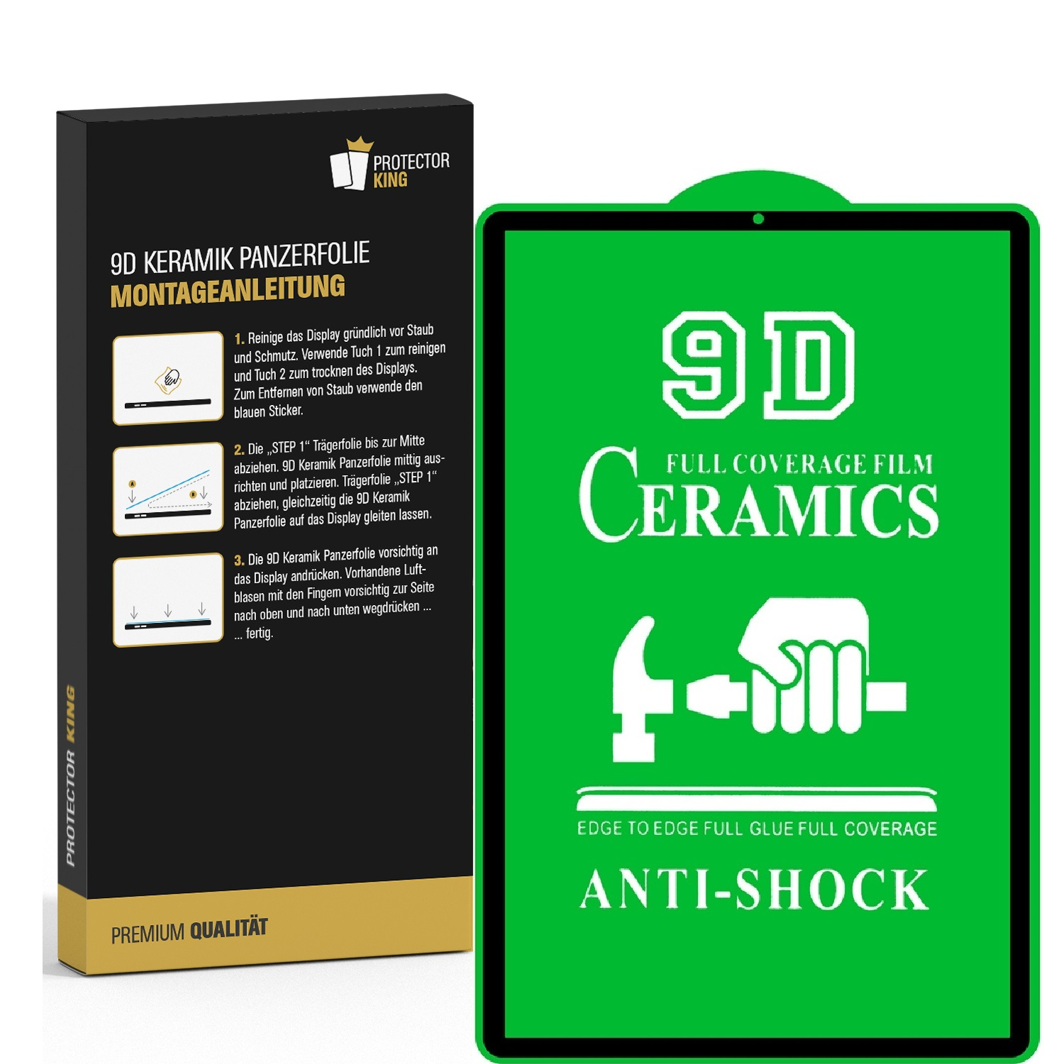Eine Handy-Displayschutzfolienbox und ein grüner Displayschutz. Texte sind unter anderem '9D Ceramics' und Installationsanweisungen.