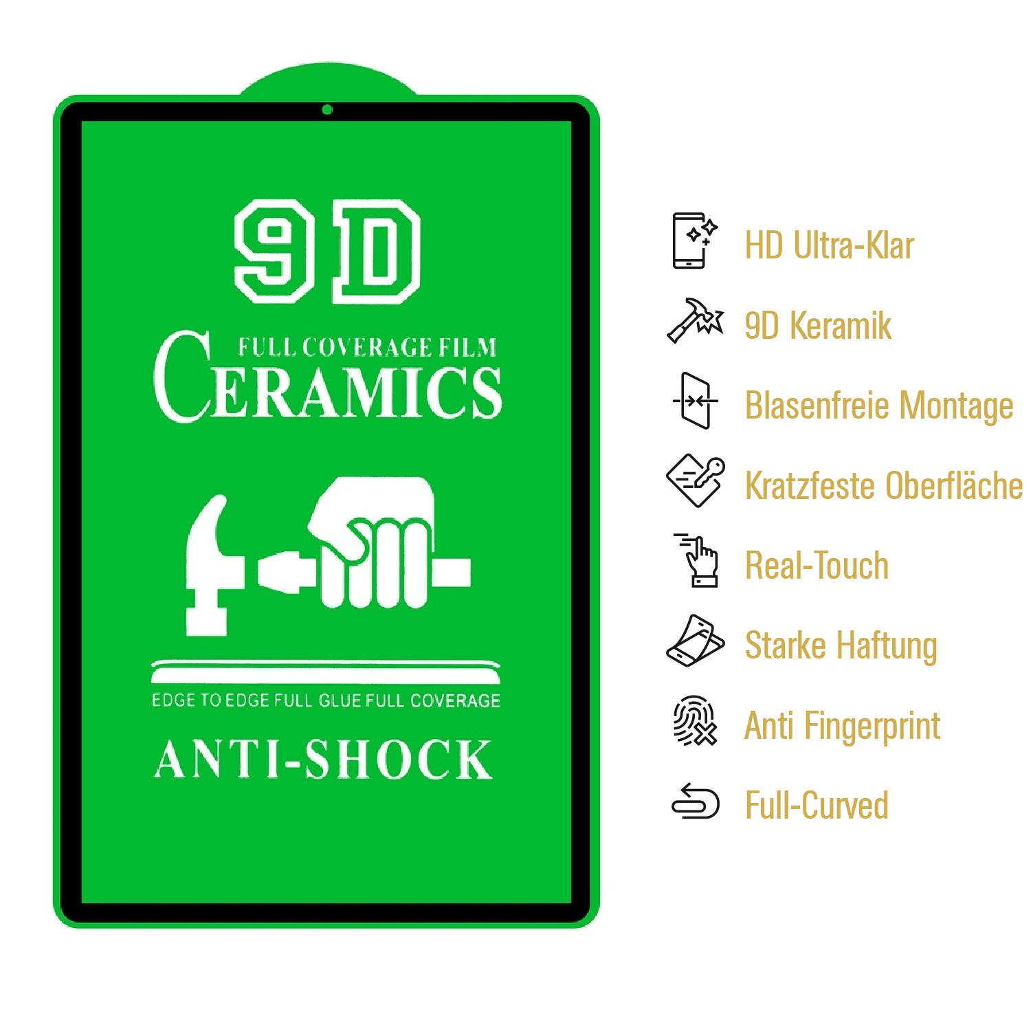 Grafik eines grünen Displayschutzes. Text enthält "9D Keramik", "Anti-Schock" und Funktionssymbole: HD-Klarheit, Kratzfestigkeit und Fingerabdruckschutz.