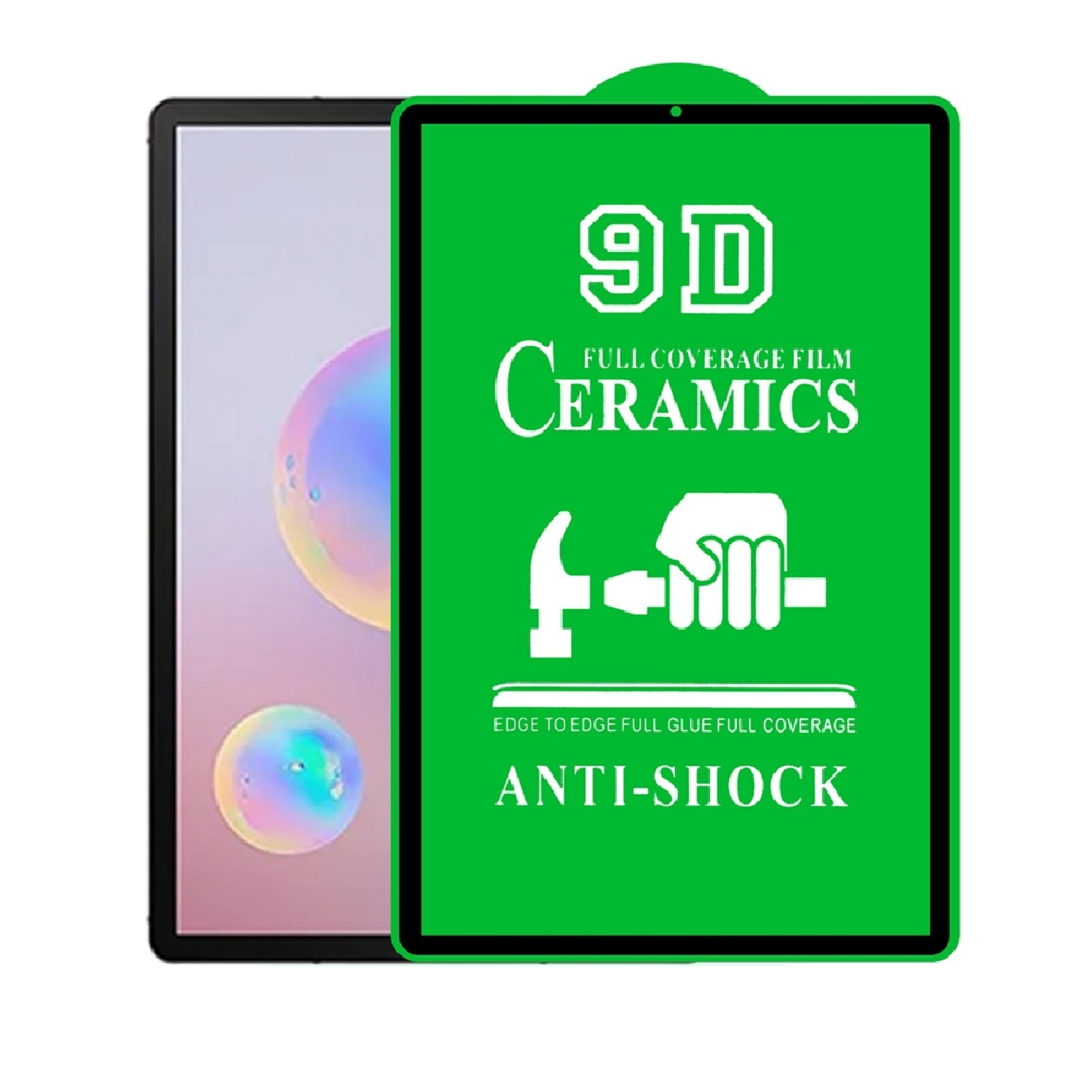 Ein Tablet mit grünem Displayschutz, der '9D Ceramics Anti-Shock' anzeigt. Der Tablett-Bildschirm zeigt Blasen.