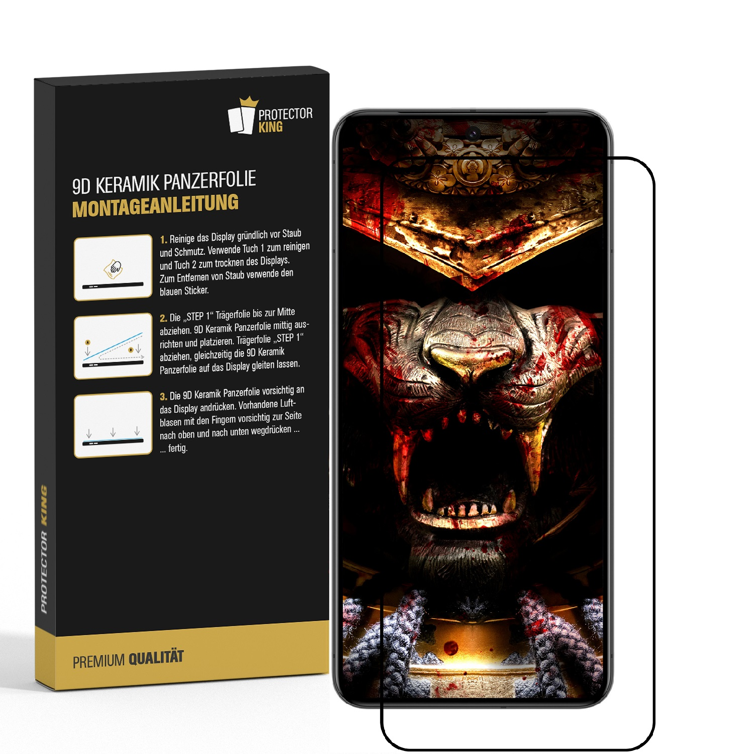Eine Handy-Displayschutzfolien-Verpackung neben einem Telefon, das ein blutiges Monsterbild zeigt. Anweisungen auf der Verpackung.