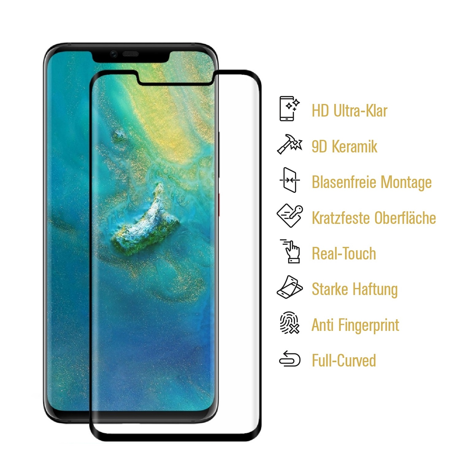 Ein Smartphone mit Displayschutzfolie. Text rechts listet Funktionen wie HD-Klarheit, Kratzfestigkeit und Anti-Fingerabdruck auf.