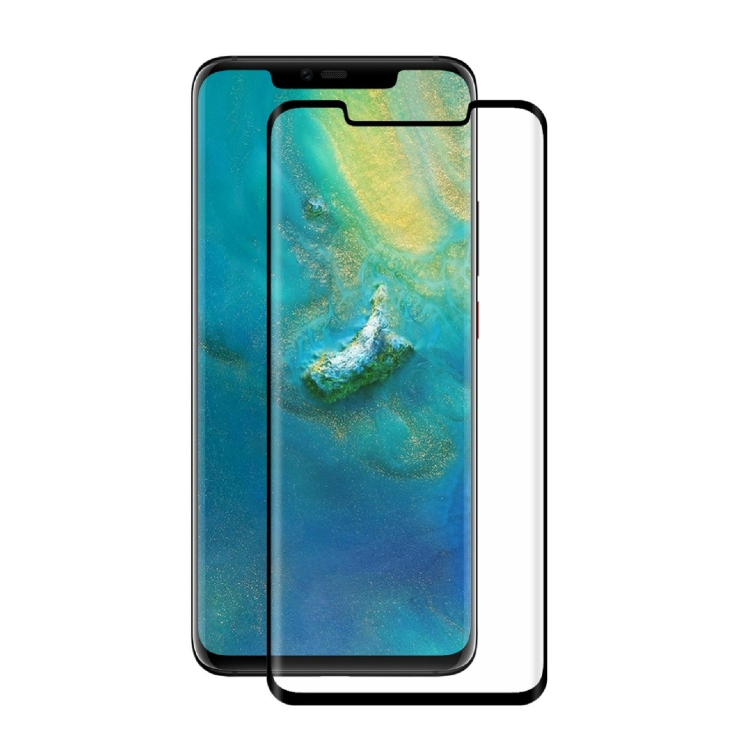 Ein Smartphone mit aufgebrachter Displayschutzfolie. Das Telefon zeigt ein farbenfrohes Landschaftsbild. Ein schwarzer Rahmen umgibt den Bildschirm.