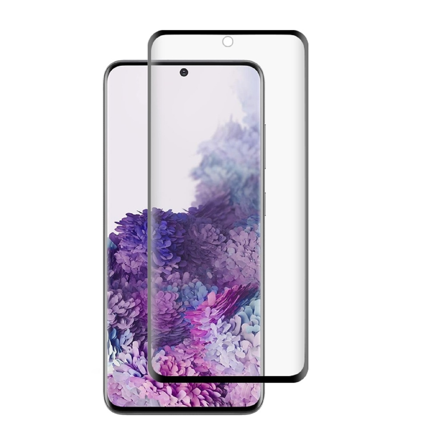 Ein Smartphone mit Displayschutz. Der Bildschirm zeigt ein Blumenmuster mit lila und weißen Farbtönen. Der Schutz ist klar.