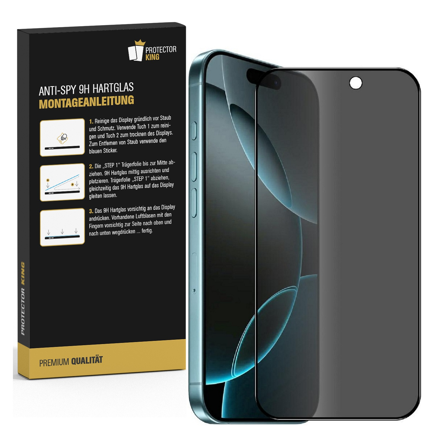 Eine Displayschutzfolie mit Montageanleitung. Neben der Box befindet sich ein Smartphone. Auf der Box steht: ANTI-SPY 9H HARTGLAS.