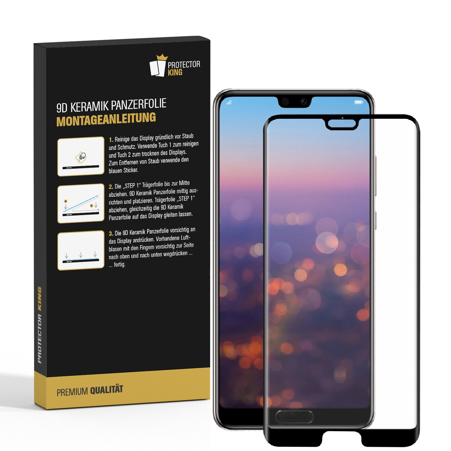 Ein Telefon mit Displayschutzfolie und Verpackung. Die Verpackung zeigt die Anweisungen und das Protector King Logo.