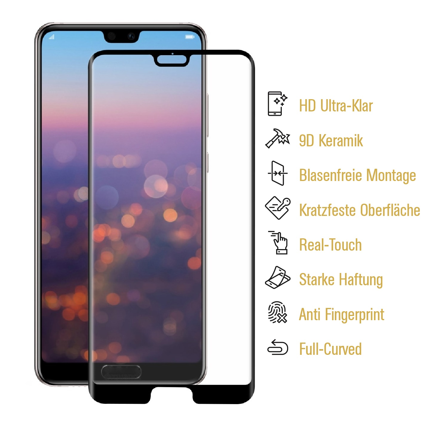 Zwei Smartphones mit Displayschutzfolien. Merkmale sind aufgelistet: HD, 9D-Keramik, blasenfrei, kratzfest, Real-Touch, starke Haftung, Anti-Fingerprint.
