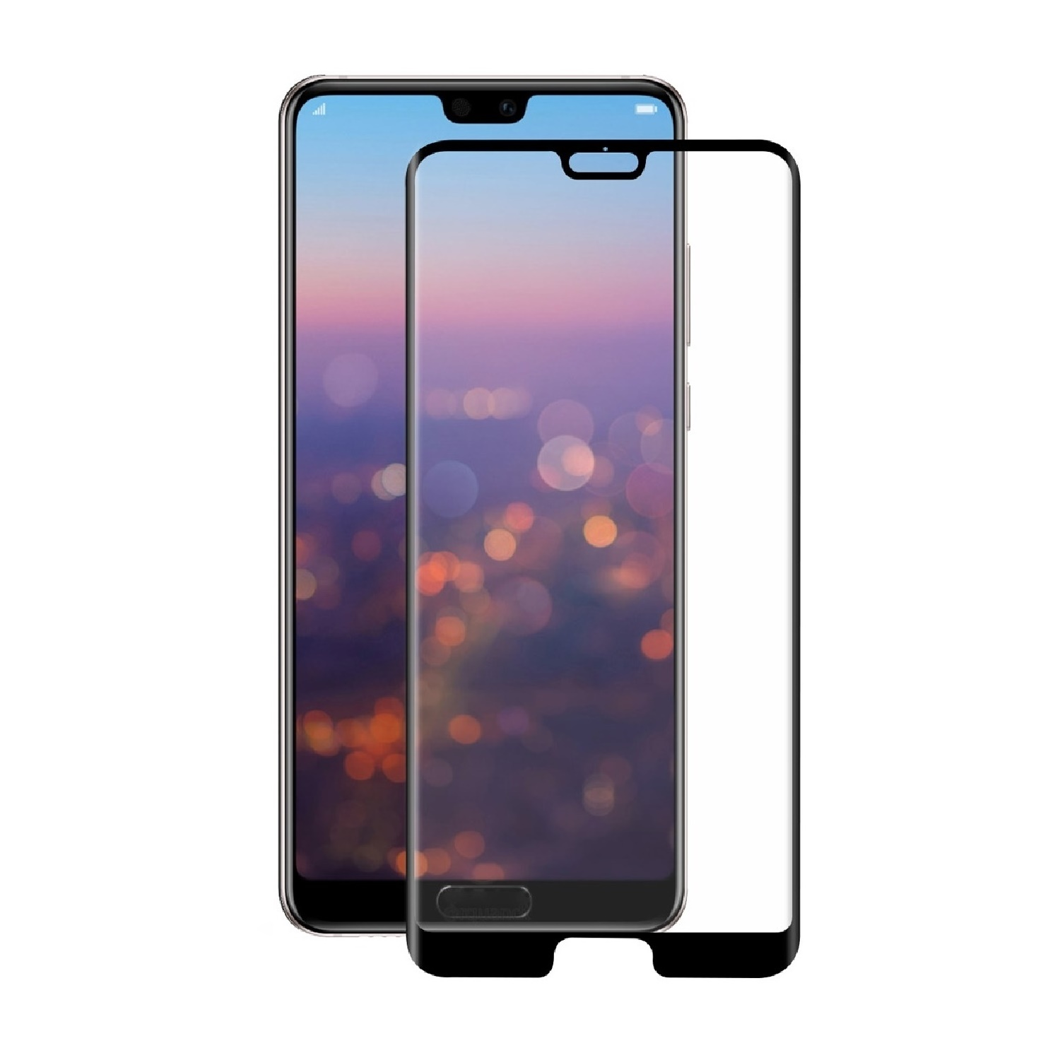 Ein Smartphone mit Displayschutzfolie wird gezeigt. Der Bildschirm zeigt eine verschwommene Stadtlandschaft mit Sonnenuntergangsfarben. Das Telefon ist schwarz.
