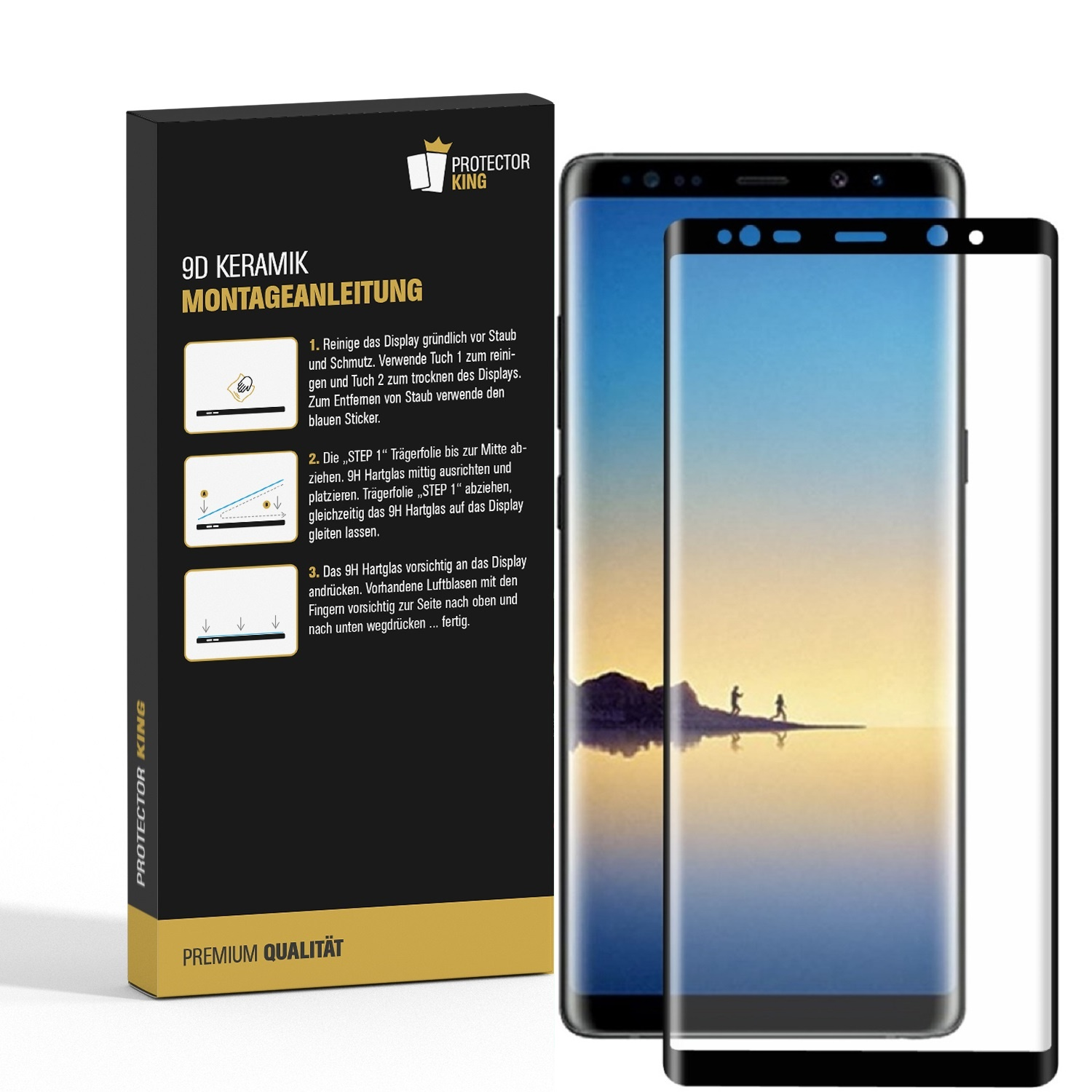 Ein Smartphone mit Displayschutzfolie wird neben einer Produktbox mit Anweisungen angezeigt. Das Bild hat einen weißen Hintergrund.