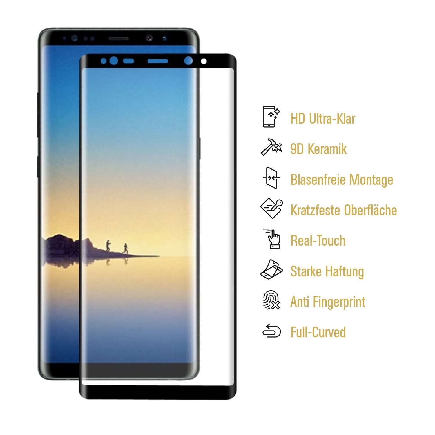 Zwei Smartphones, eins mit Displayschutz. Merkmale: HD, 9D Keramik, blasenfrei, kratzfest, Real-Touch, starker Halt, Anti-Fingerprint, voll gekrümmt.