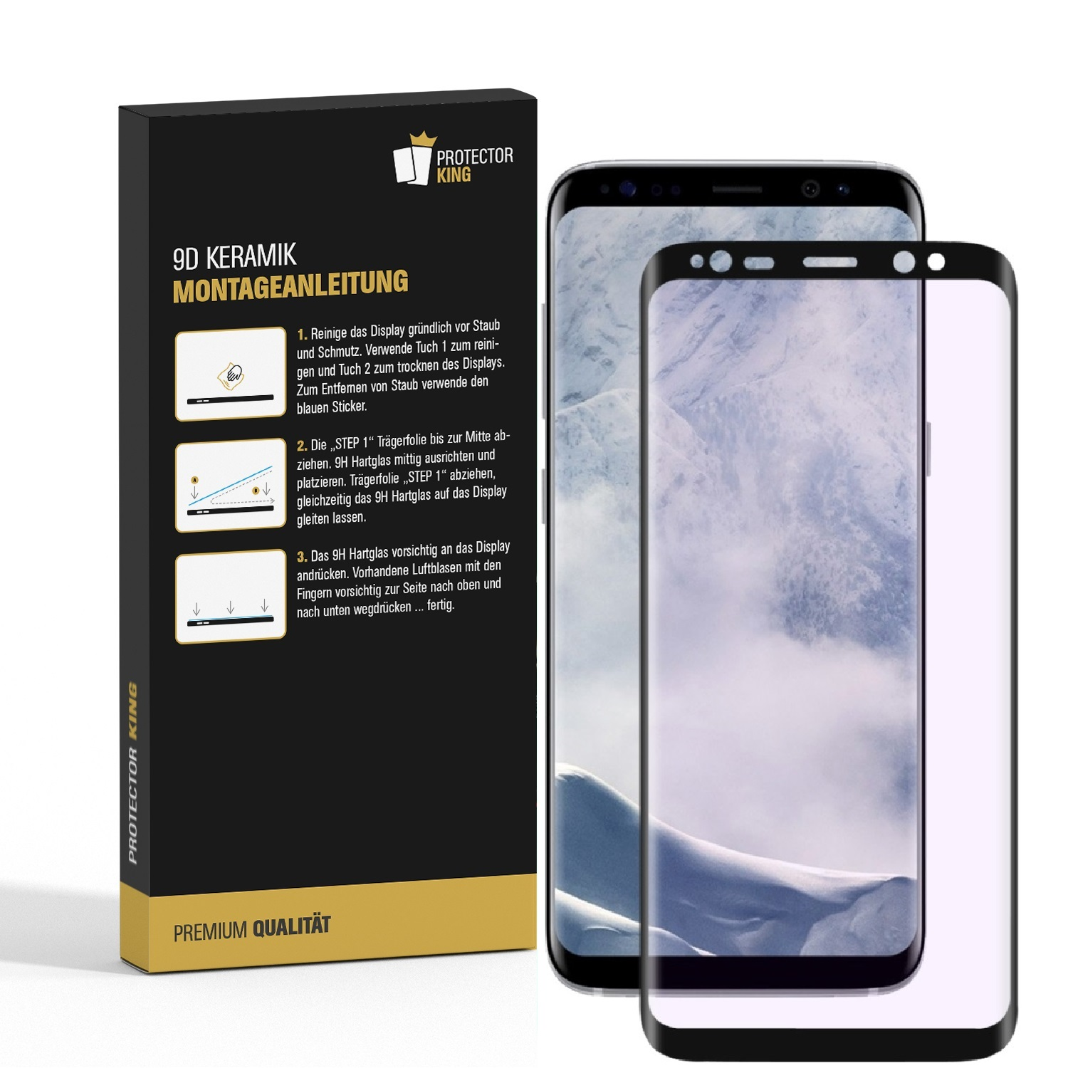 Ein Smartphone mit Displayschutz neben der Verpackung. Die Verpackung zeigt Montageanleitungen. Die Szene ist auf weißem Grund.