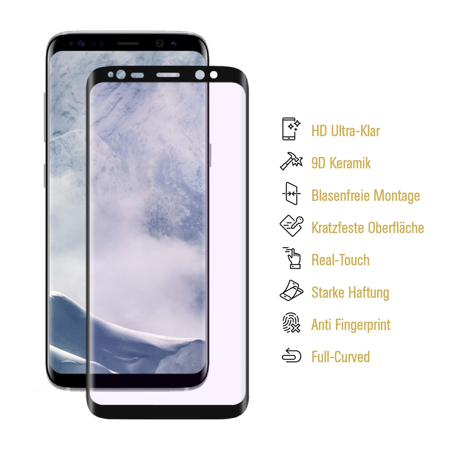 Zwei Smartphones mit Displayschutzfolien werden gezeigt. Zu den Merkmalen gehören HD-Klarheit, Keramik und Anti-Fingerprint-Technologie.