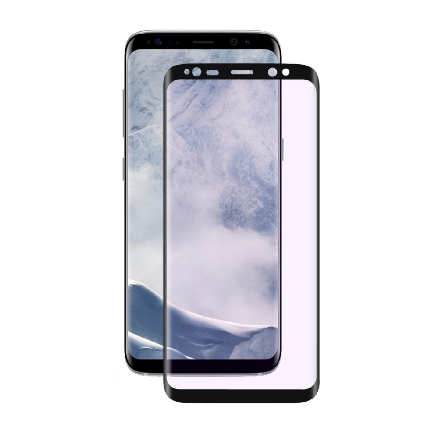Zwei Smartphones, eines mit aufgebrachter Displayschutzfolie. Beide Telefone sind schwarz mit abgerundeten Kanten. Die Bildschirme zeigen eine Landschaft.