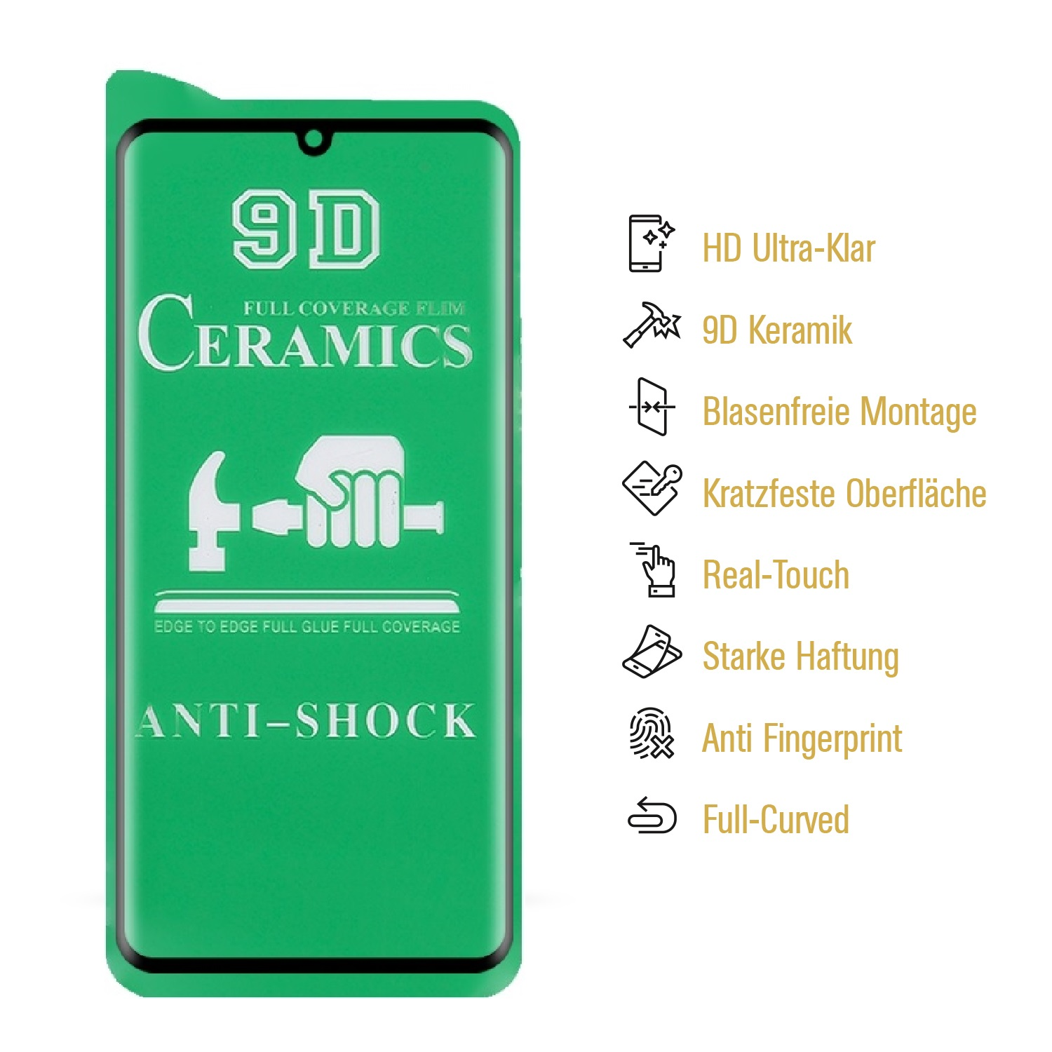 Ein grüner Displayschutz mit Text: 9D Ceramics, Anti-Shock und Icons, die Funktionen wie HD-Klarheit und Fingerabdruckresistenz anzeigen.