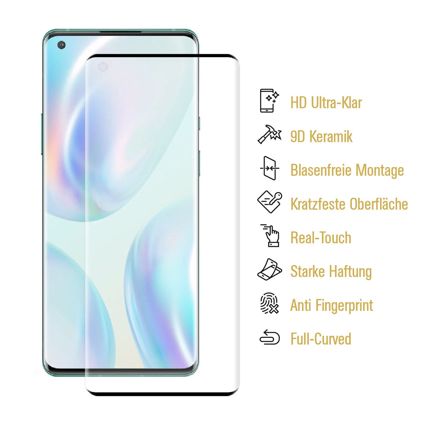 Ein Smartphone mit Displayschutz. Text enthält HD Ultra-Klar, 9D Keramik, Blasenfreie Montage, Kratzfeste Oberfläche usw.