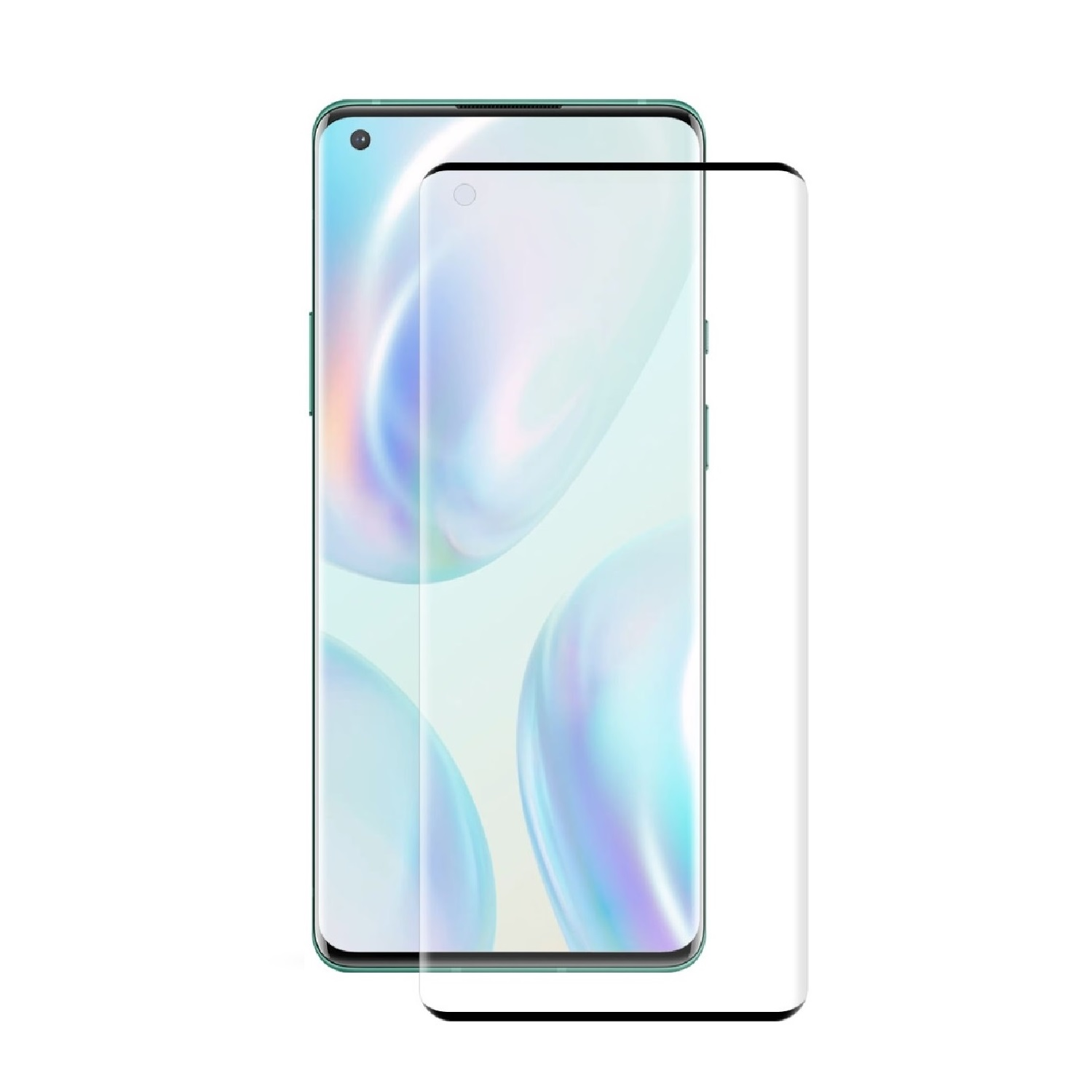 Ein Smartphone mit Displayschutzfolie. Das Telefon ist grün und der Bildschirm zeigt einen verschwommenen bunten Hintergrund. Der Schutz ist klar.