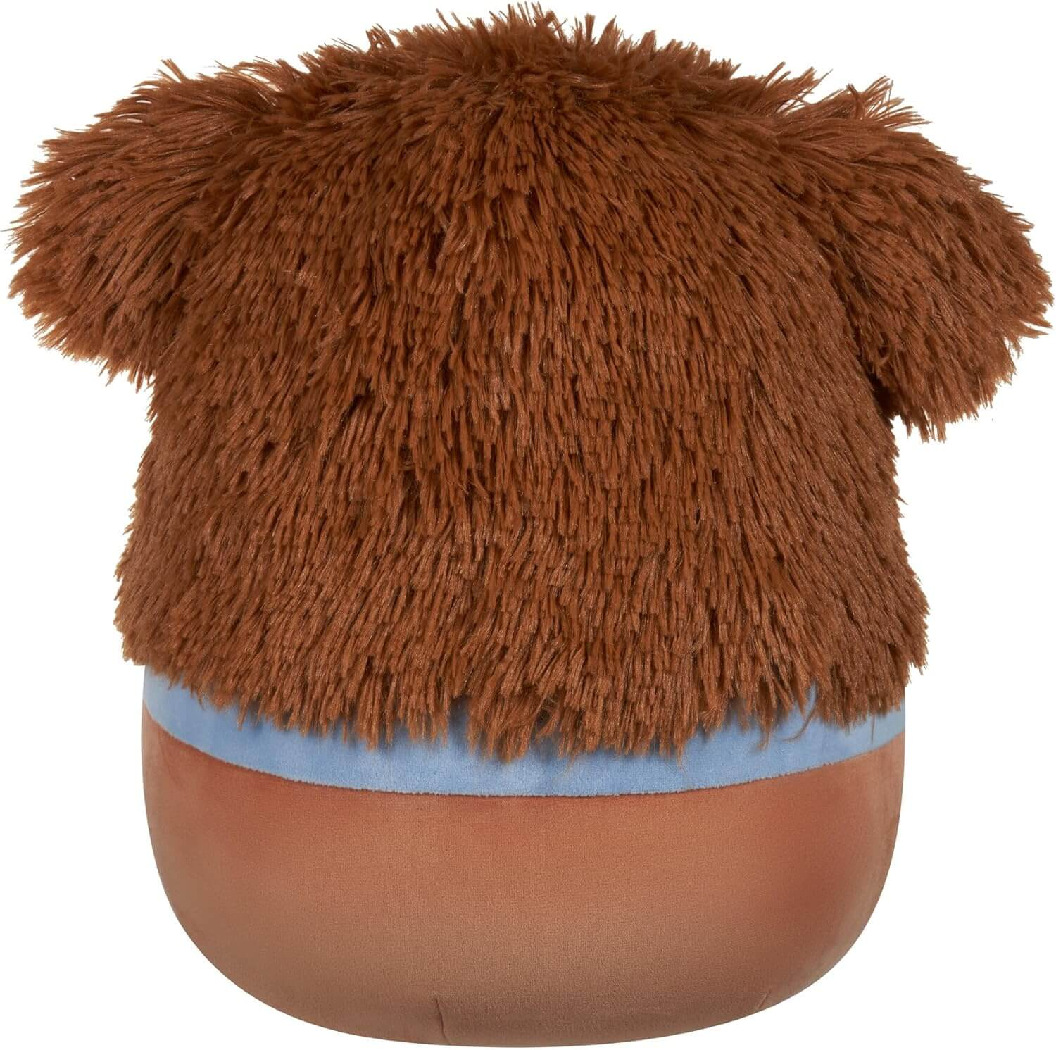 Ein braunes Plüschtier in Form eines Bärenkopfes und -körpers mit einem blauen Streifen in der Mitte.