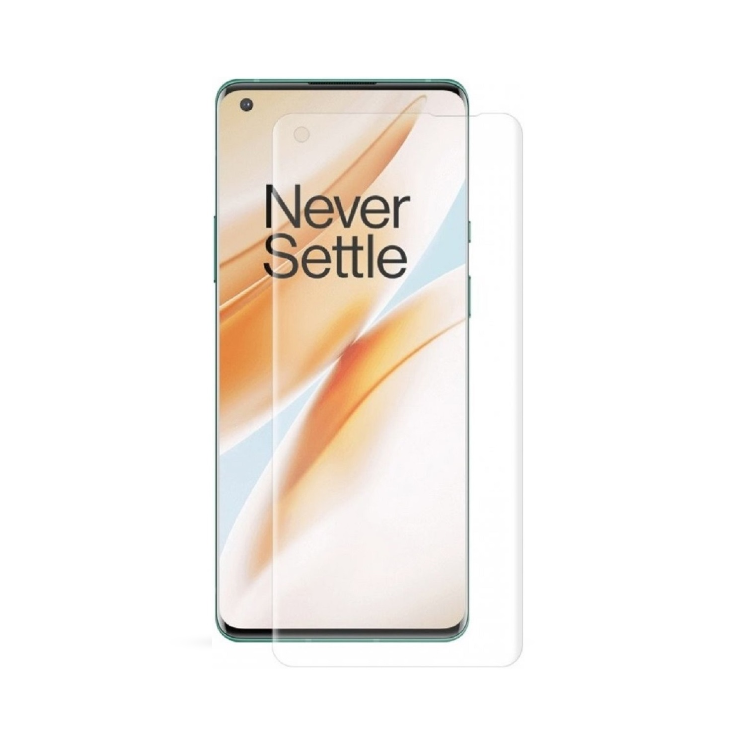 Ein Smartphone mit aufgebrachter Displayschutzfolie, das 'Never Settle' anzeigt. Das Telefon ist grün und der Hintergrund weiß.