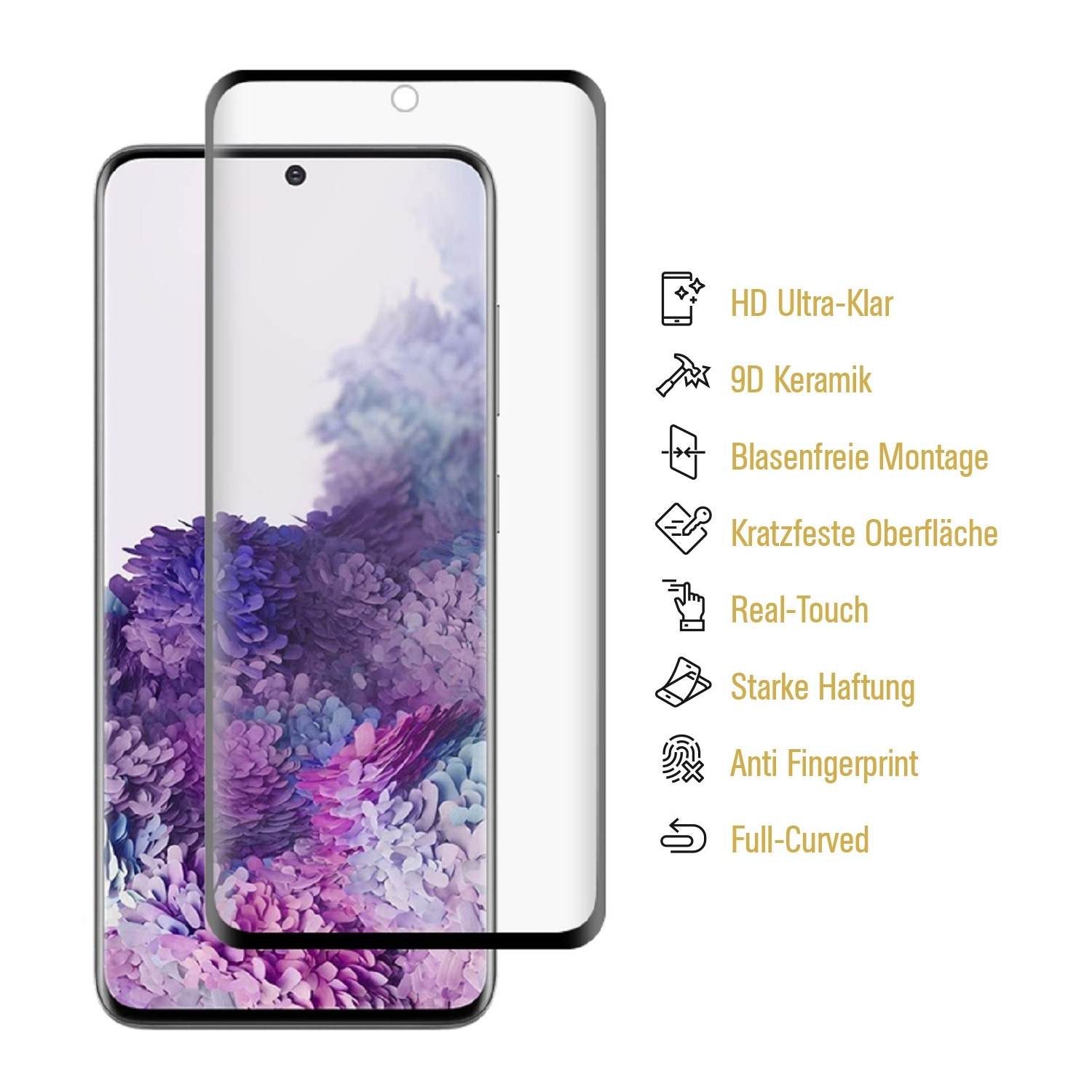 Ein Telefon mit angebrachter Displayschutzfolie. Zu den Merkmalen gehören HD-Klarheit, 9D-Keramik, blasenfreie Installation und Anti-Fingerabdruck.