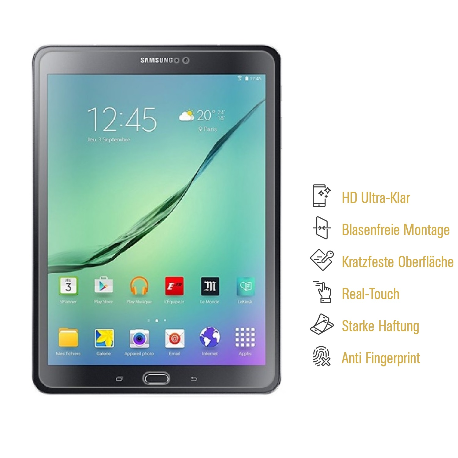 Ein Samsung-Tablet zeigt Uhrzeit, Datum und App-Symbole an. Text rechts beschreibt Funktionen wie HD-Klarheit und Anti-Fingerprint.