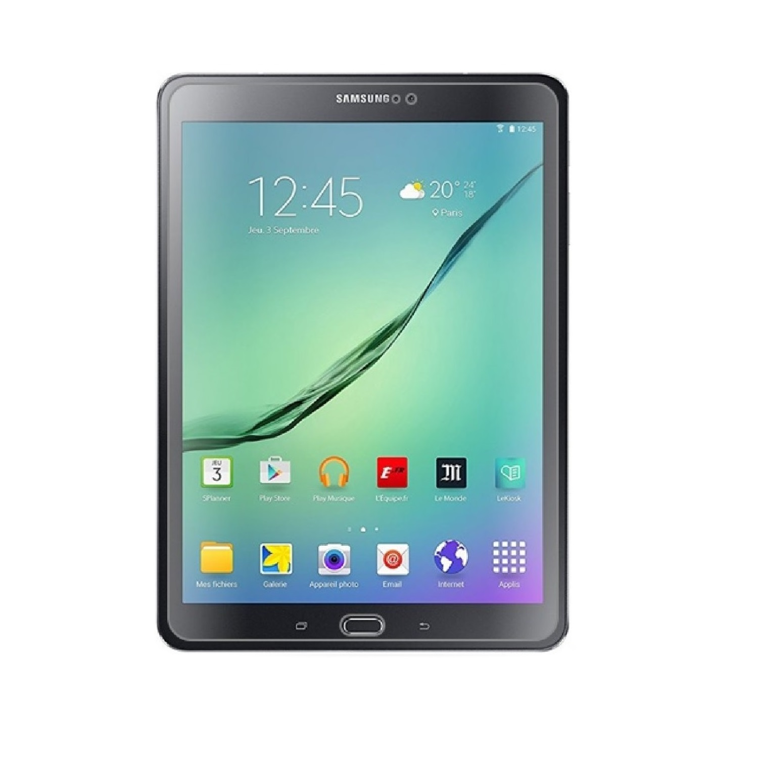 Ein Samsung-Tablet zeigt Uhrzeit, Datum und App-Symbole an. Der Bildschirm zeigt Wetterinformationen und App-Verknüpfungen auf hellem Hintergrund.