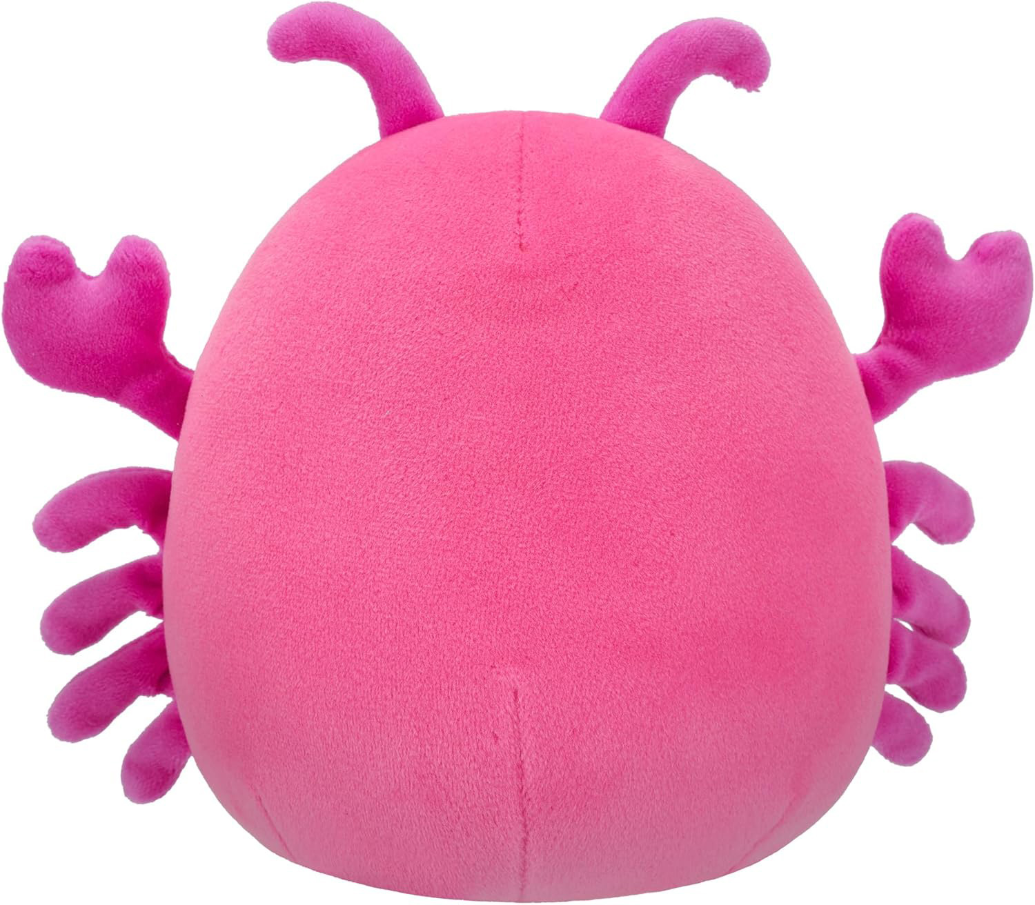 Ein rosa Plüschkrabben-Spielzeug mit rundem Körper, Scheren und Antennen. Die Krabbe ist weich und aus Stoff.