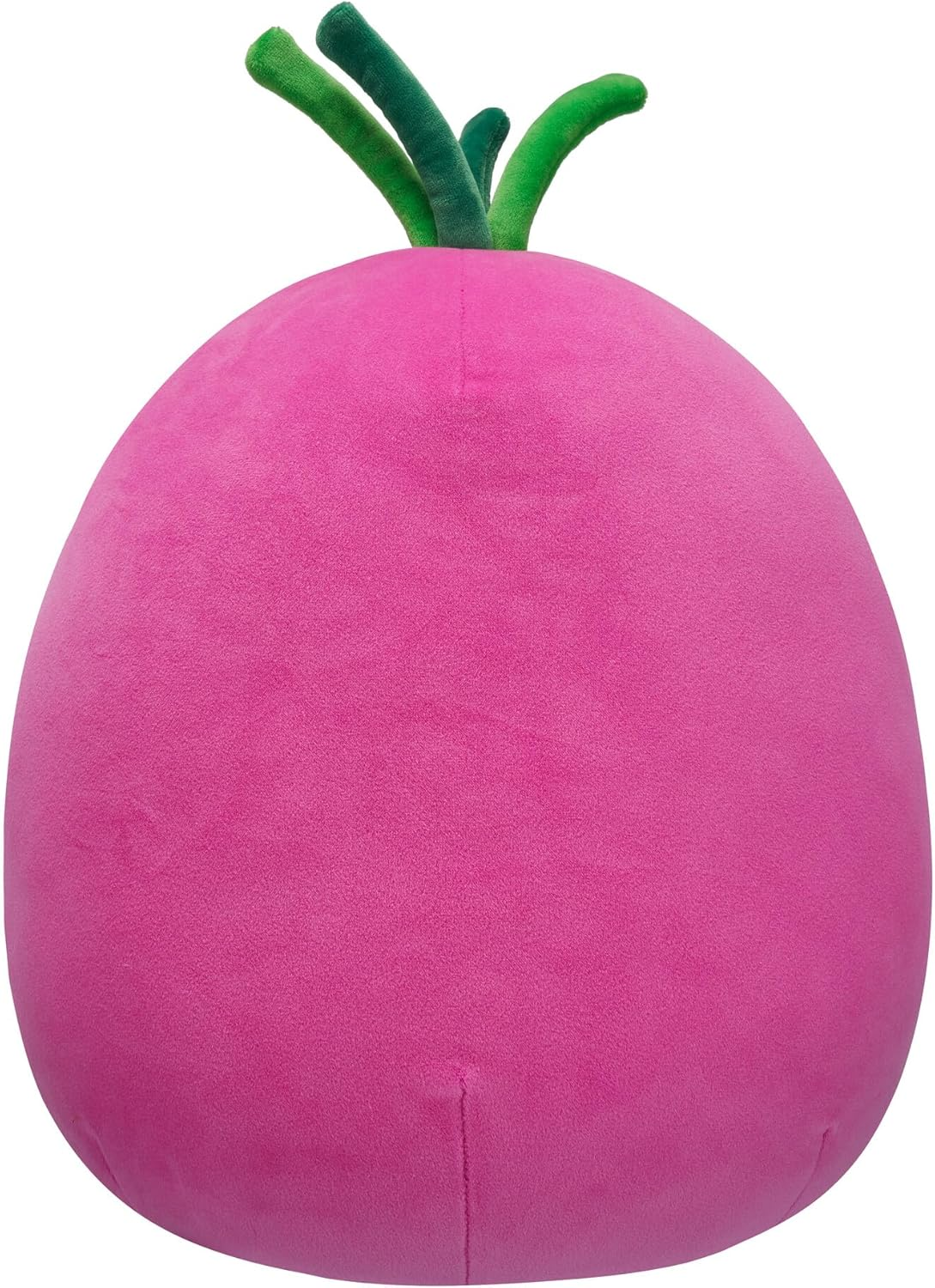 Ein plüschiger, rosa Radieschen-Spielzeug mit grünen Blattstielen. Es hat eine weiche, abgerundete Form auf weißem Hintergrund.