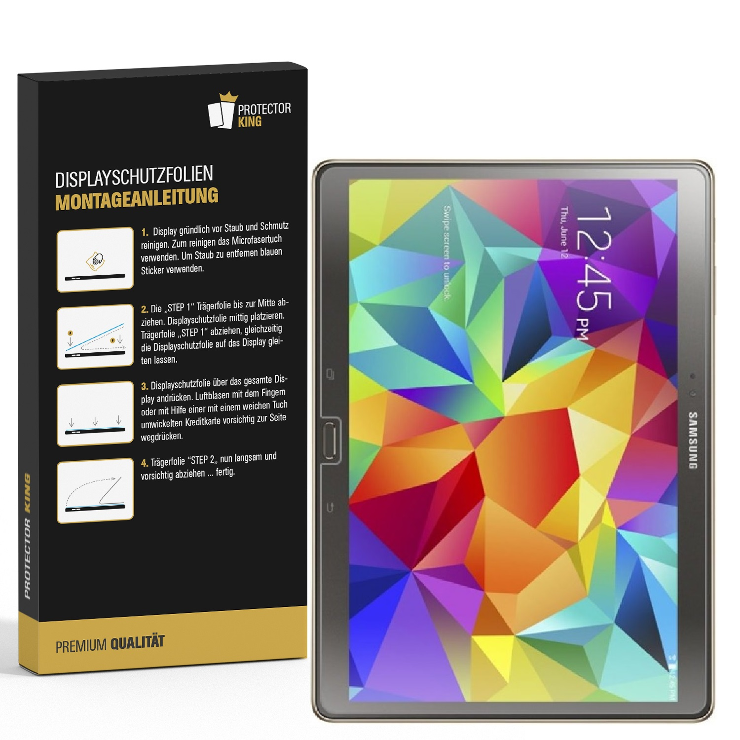 Ein Tablet mit einem bunten geometrischen Muster auf dem Bildschirm. Daneben steht eine Schutzbox mit Anweisungen.