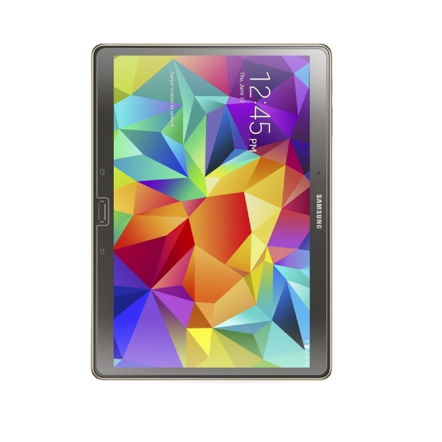 Ein Samsung-Tablet mit farbenfrohem geometrischen Design auf dem Bildschirm, das die Uhrzeit anzeigt. Das Tablet hat einen goldenen Rahmen und ist auf weißem Hintergrund.