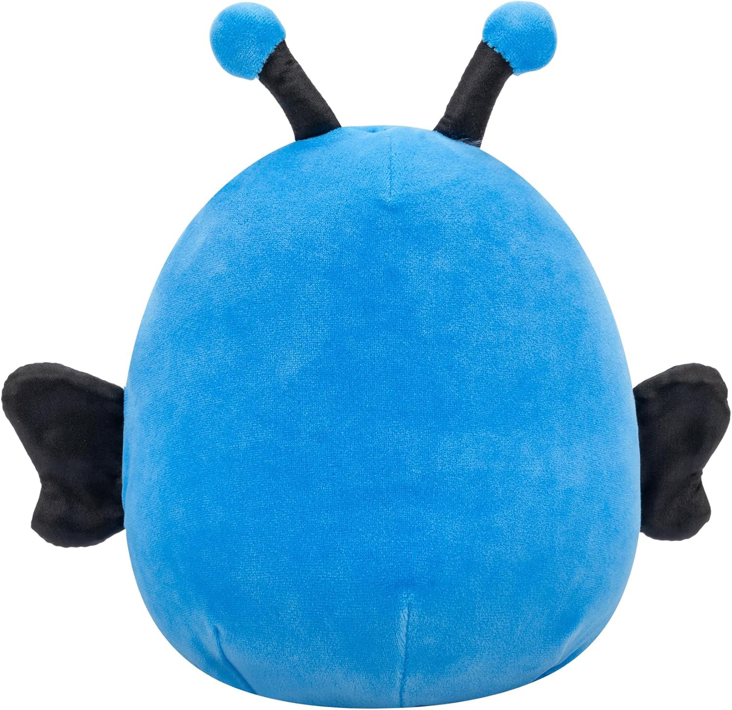 Ein blaues, plüschiges Spielzeug in Eiform mit schwarzen Antennen und Flügeln. Die Antennen haben blaue Kugeln am Ende.