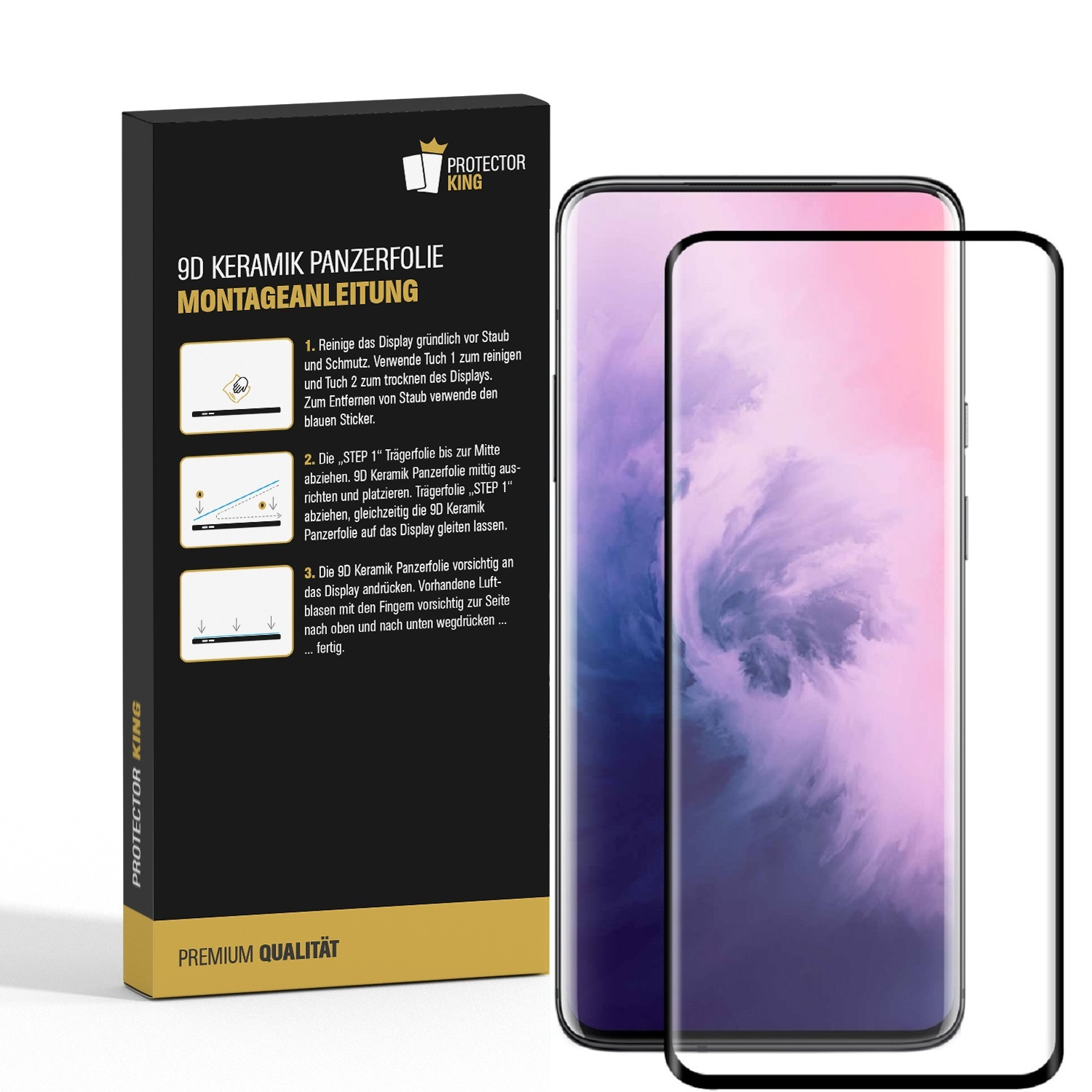 Ein Smartphone und ein Displayschutz werden neben einer Produktverpackung mit Anweisungen zum Anbringen des Schutzes gezeigt.