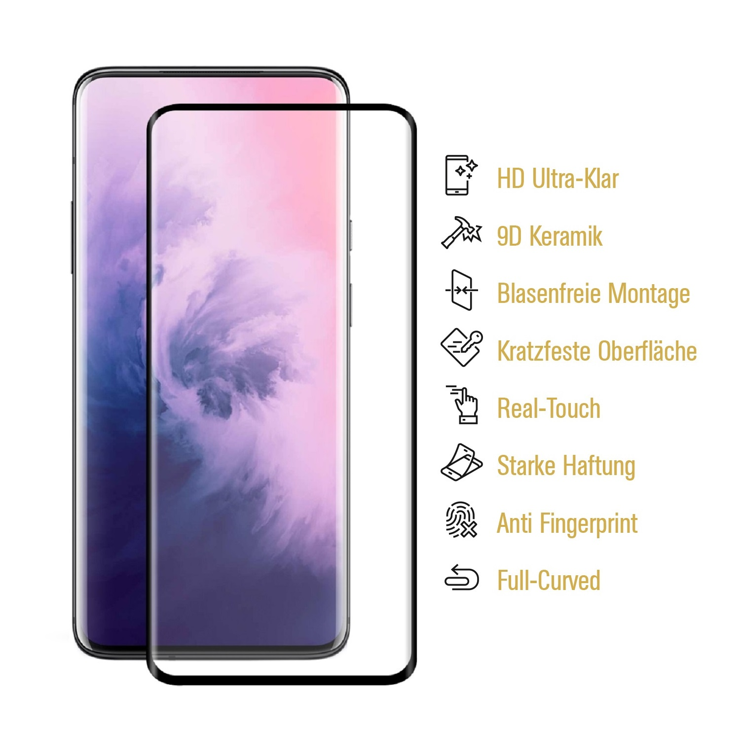 Ein Telefon mit Displayschutzfolie. Text rechts beschreibt Funktionen: HD, 9D, blasenfrei, kratzfest, Real-Touch, starker Halt, Anti-Fingerabdruck.