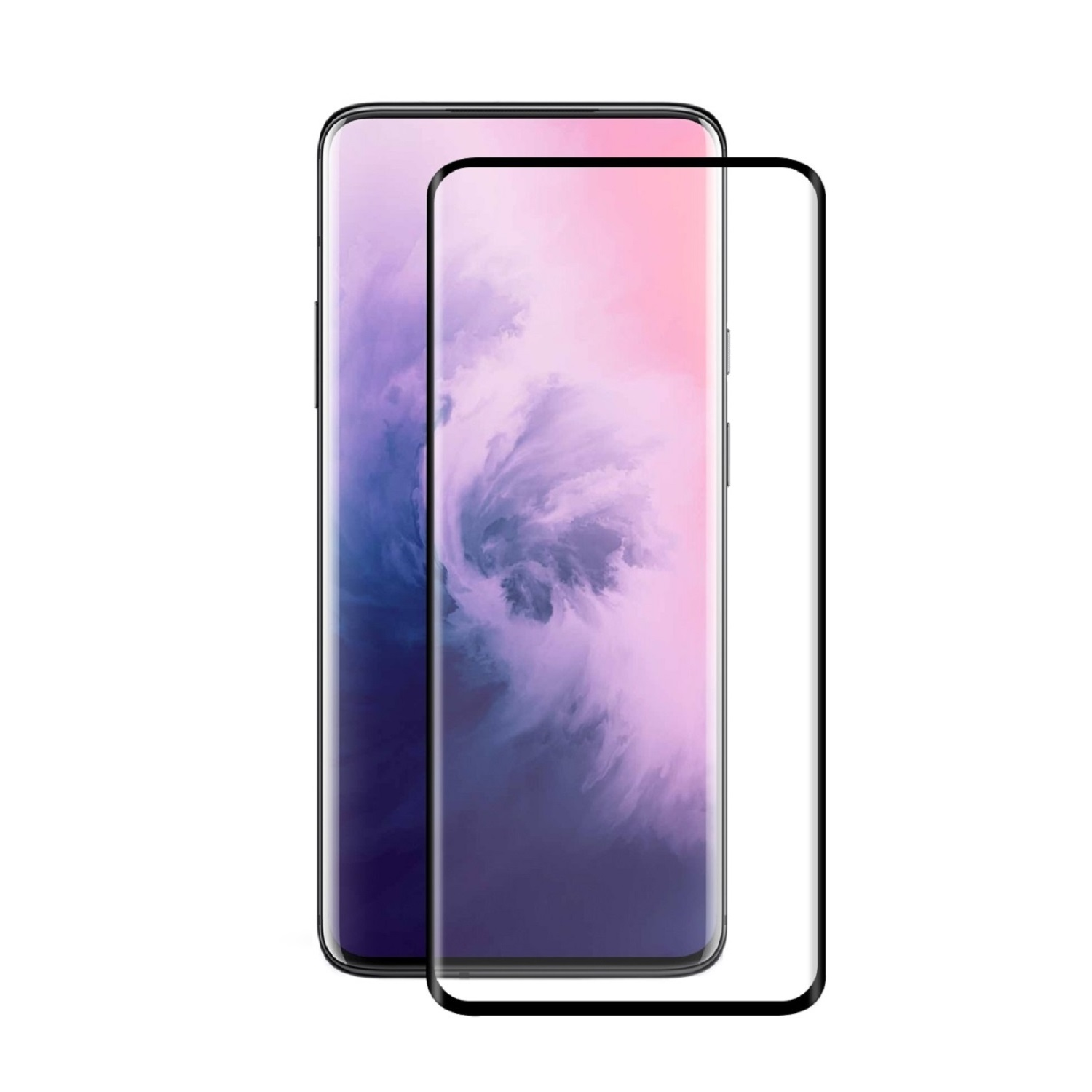 Zwei Smartphones, eines mit Displayschutzfolie. Die Bildschirme zeigen einen Farbverlauf von Lila und Rosa. Schwarze Ränder umgeben beide Geräte.