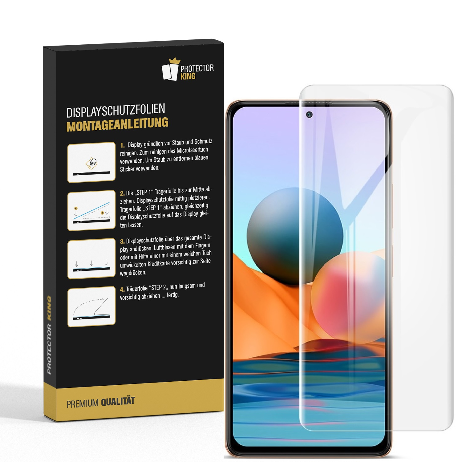 Ein Smartphone mit Displayschutzfolie, eine Box mit Anweisungen und eine klare Displayschutzfolie daneben.