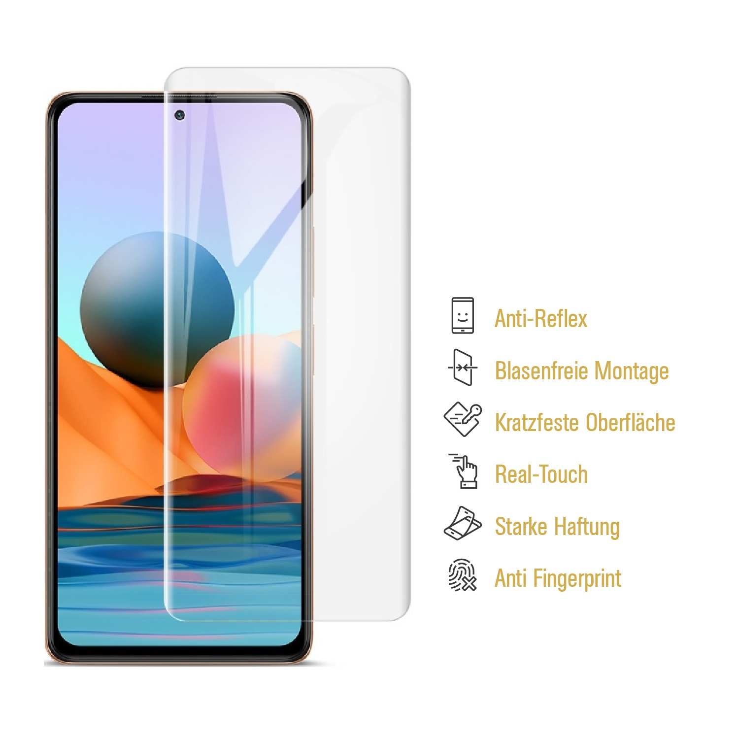 Ein Smartphone-Bildschirm mit Displayschutzfolie und Symbolen für Anti-Reflex, blasenfreie Montage, Kratzfestigkeit, Real-Touch, starke Haftung und Anti-Fingerabdruck.
