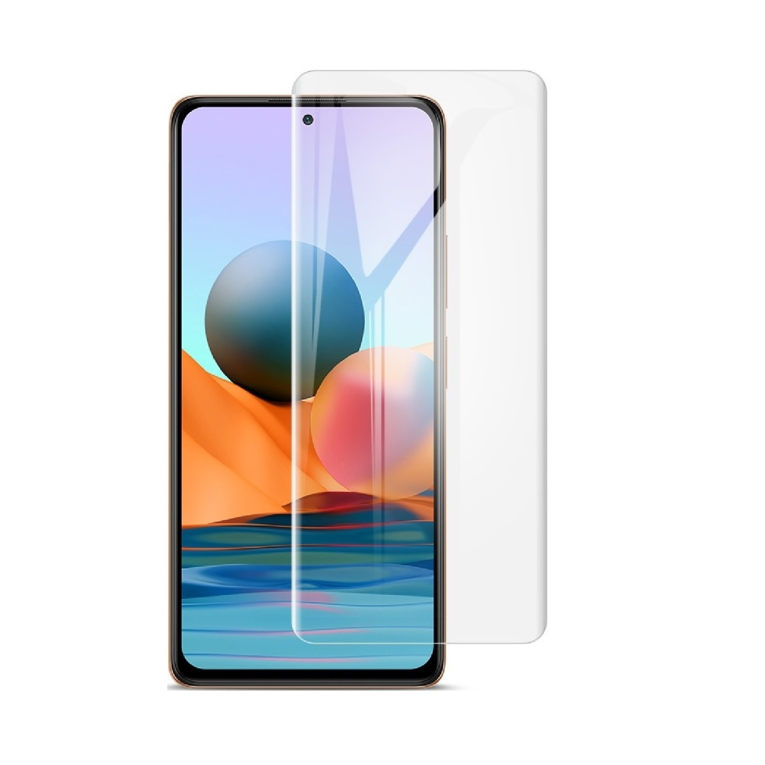 Ein Smartphone mit Displayschutzfolie, das ein farbenfrohes Hintergrundbild zeigt. Der Schutz ist transparent und leicht versetzt.