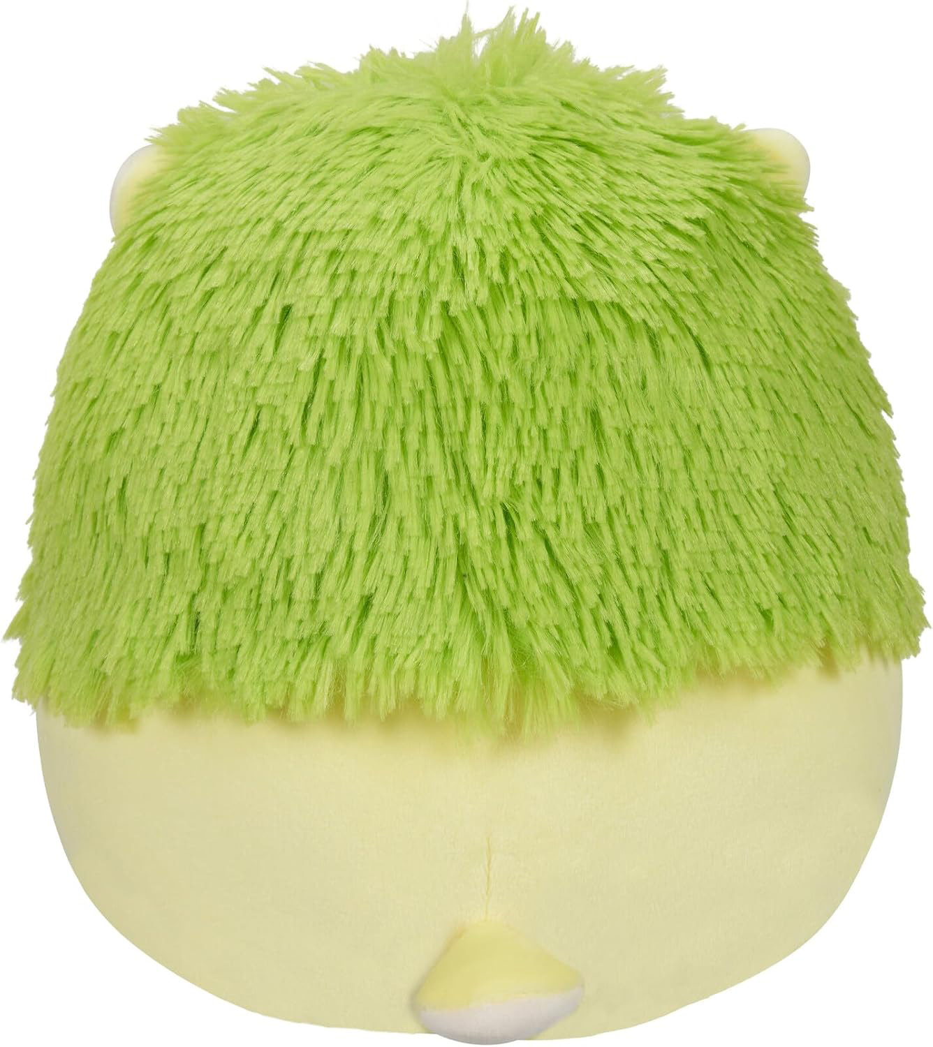 Ein Kuscheltier-Igel. Die Oberseite ist grün, zottelig. Der Boden ist hellgelb. Kleine Ohren. Weißes Schwanzende.