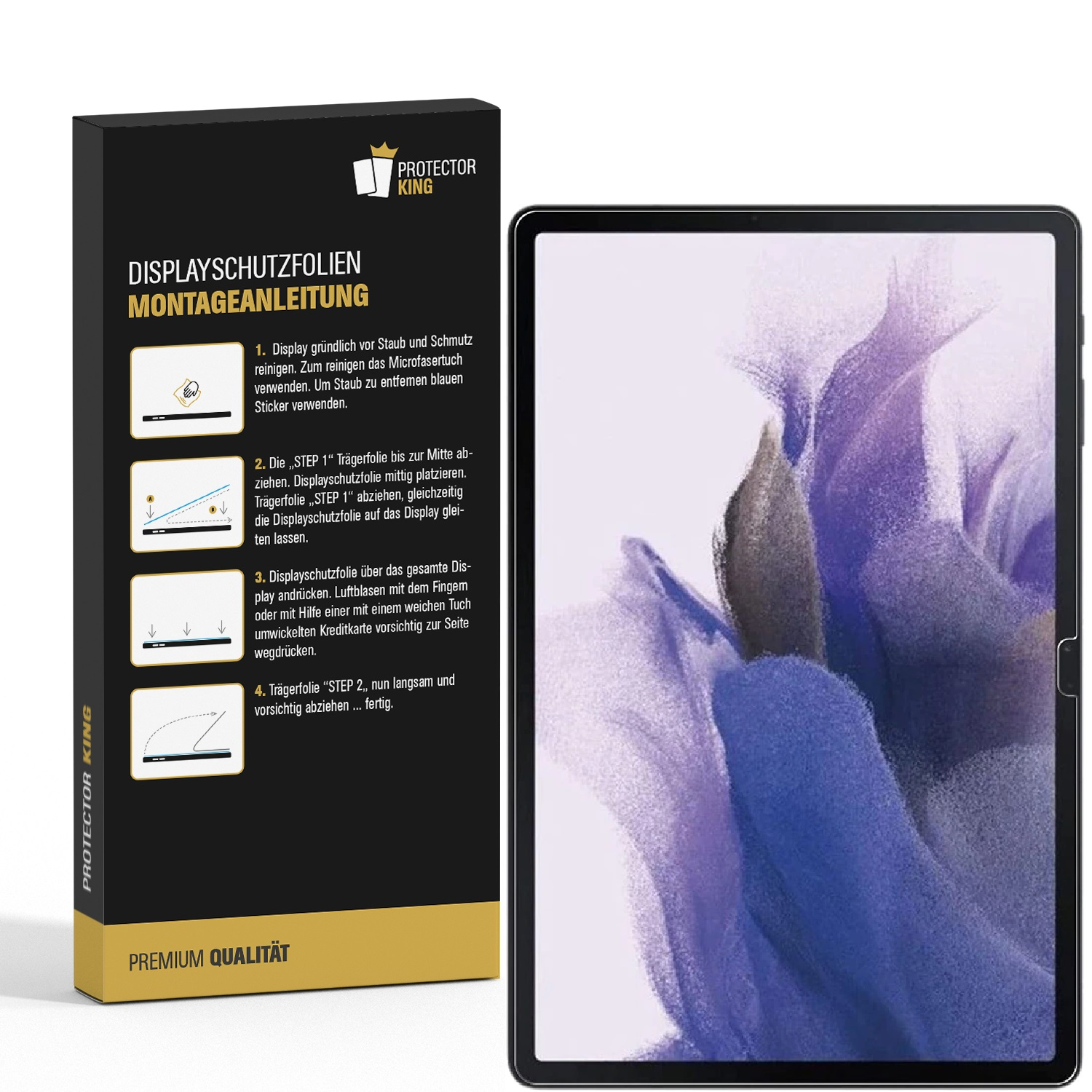 Eine Smartphone-Displayschutzfolienbox neben einem Tablet mit abstrakter Kunst auf dem Bildschirm. Anweisungen auf der Box.