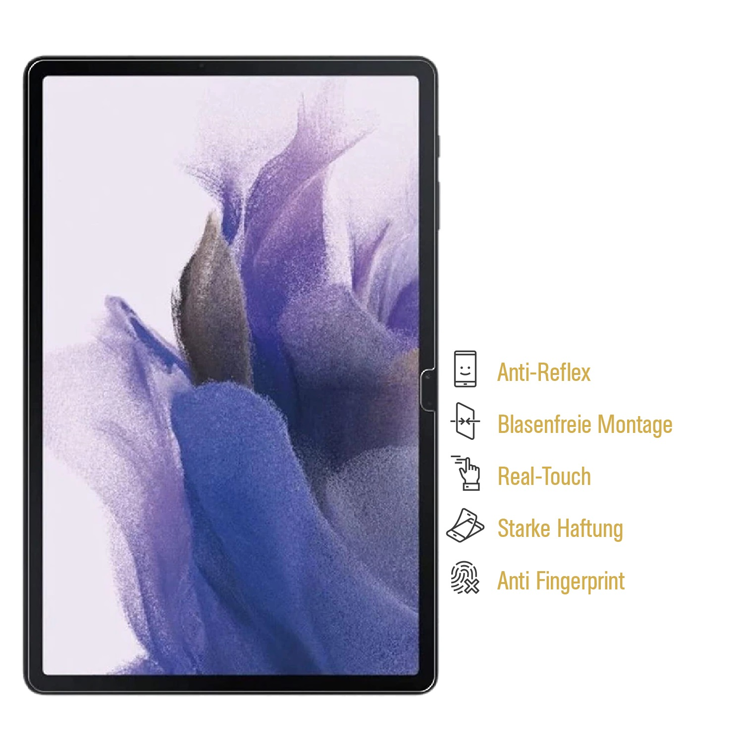 Ein Tablet mit schwarzem Rahmen zeigt ein abstraktes Design in Lila und Weiß. Text rechts beschreibt Anti-Reflex-Eigenschaften und Merkmale.