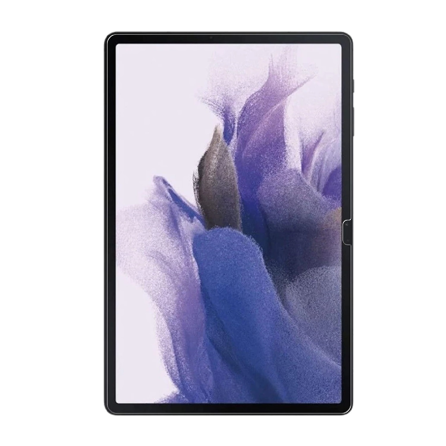Ein schwarzes Tablet wird angezeigt, das eine Nahaufnahme eines abstrakten lila und weißen Designs zeigt. Der Bildschirm des Tablets ist eingeschaltet.