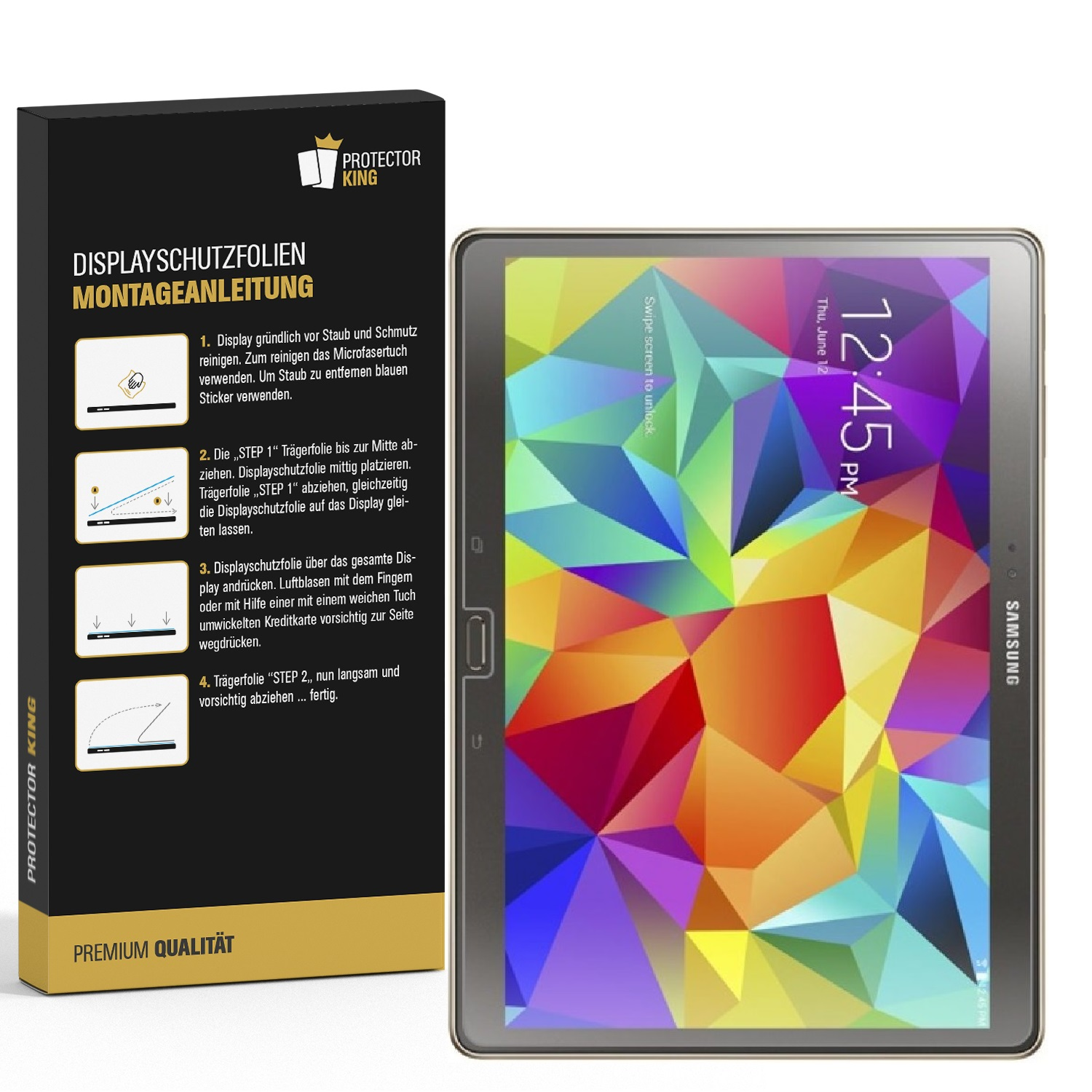 Ein Tablet mit einem farbenfrohen geometrischen Muster neben einer Box mit Anweisungen zur Displayschutzfolienanbringung.